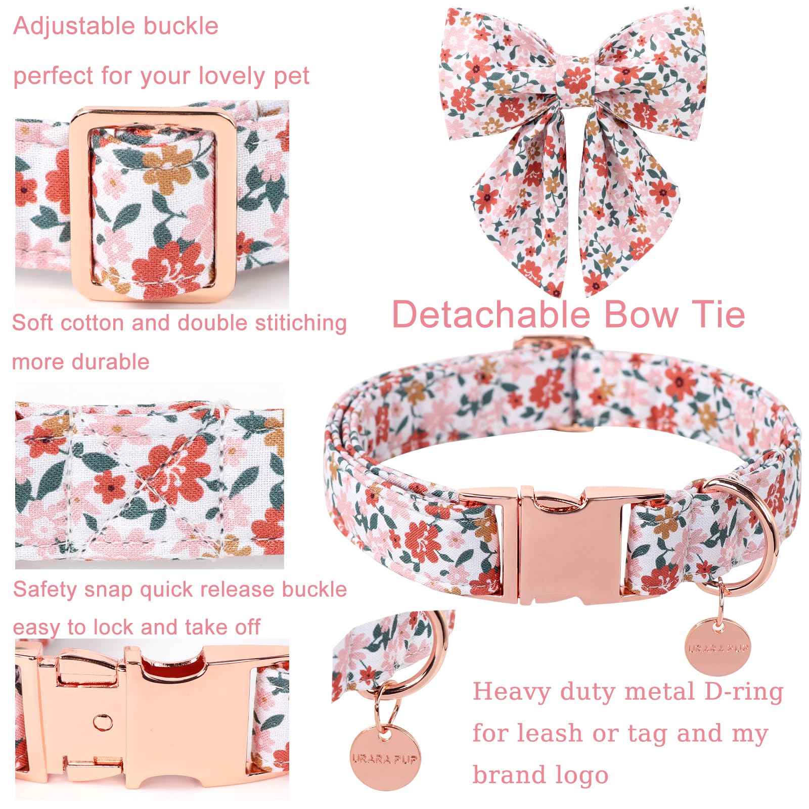 Dog Collar With Bow Tie,Up Urara Pup Flower Bowtie Dog Collar, Summer Bowtie Collar For Puppy Boy Girl Dog, Comfortable Cotton D