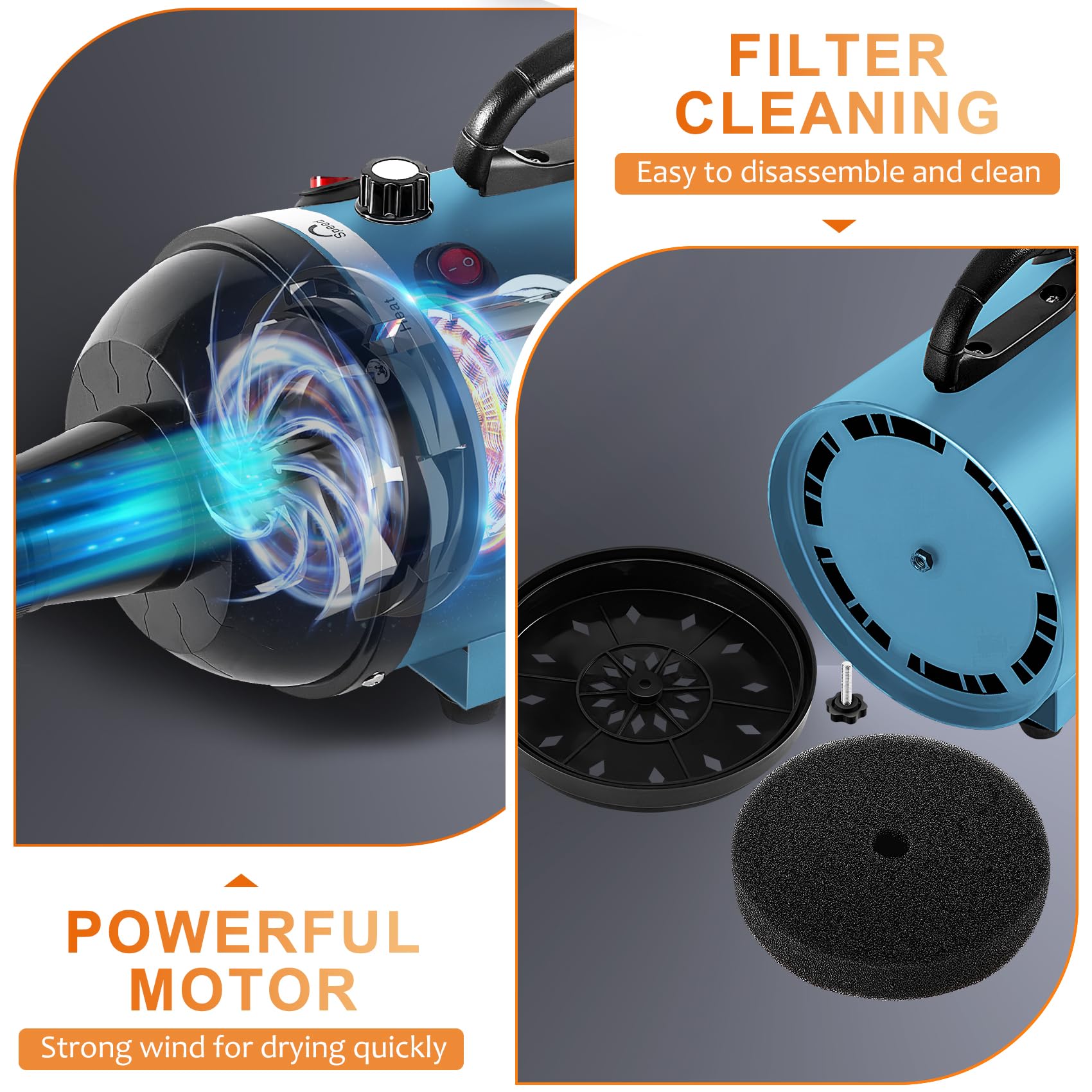 NESTROAD High Velocity Dog Dryer 4.3HP, Stepless Speed Adjustment, Metal, Blue, Ideal for Pet Grooming with 4 Nozzles