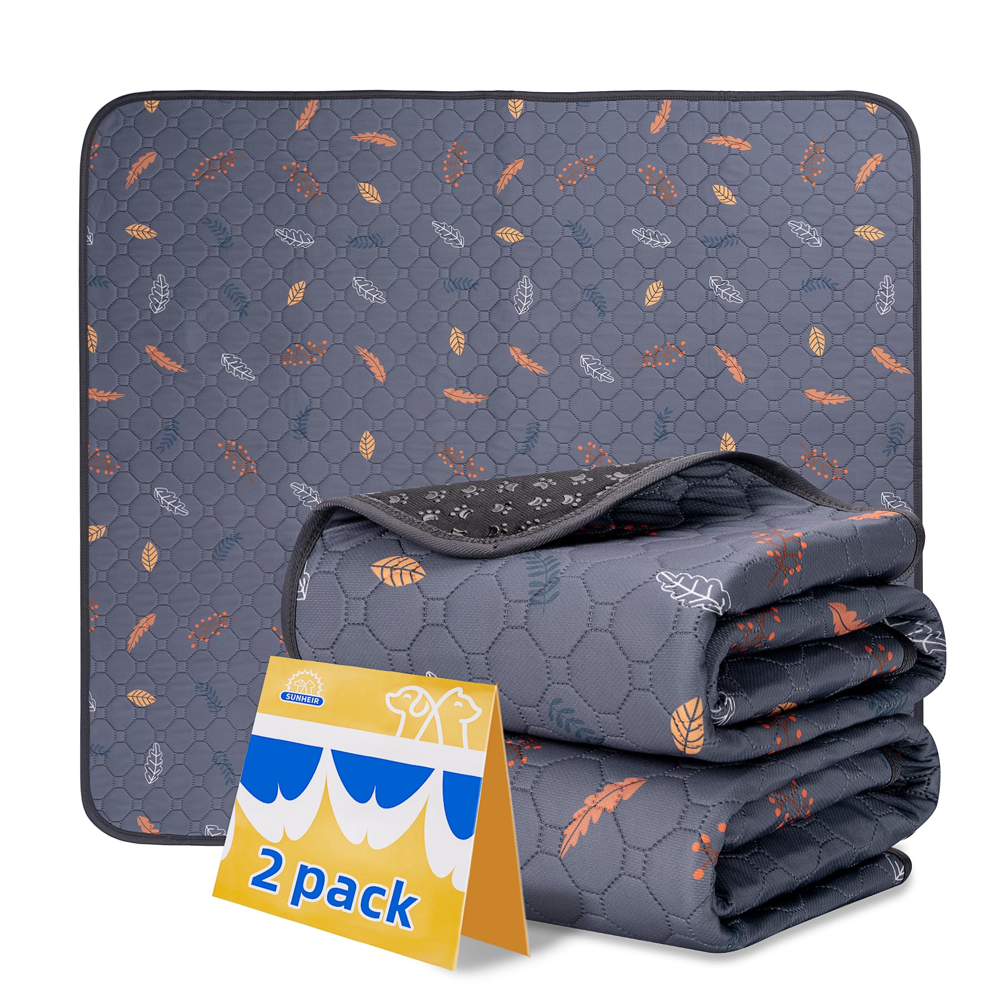 Sunheir Washable Pee Pads For Dogs Extra Large 36' X 48' 2-Pack Reusable Puppy Pads Pet Training Pads, Whelping Pad, Non-Slip Protects Against Urine Leakage (Leaves - Light Grey, 36X48)
