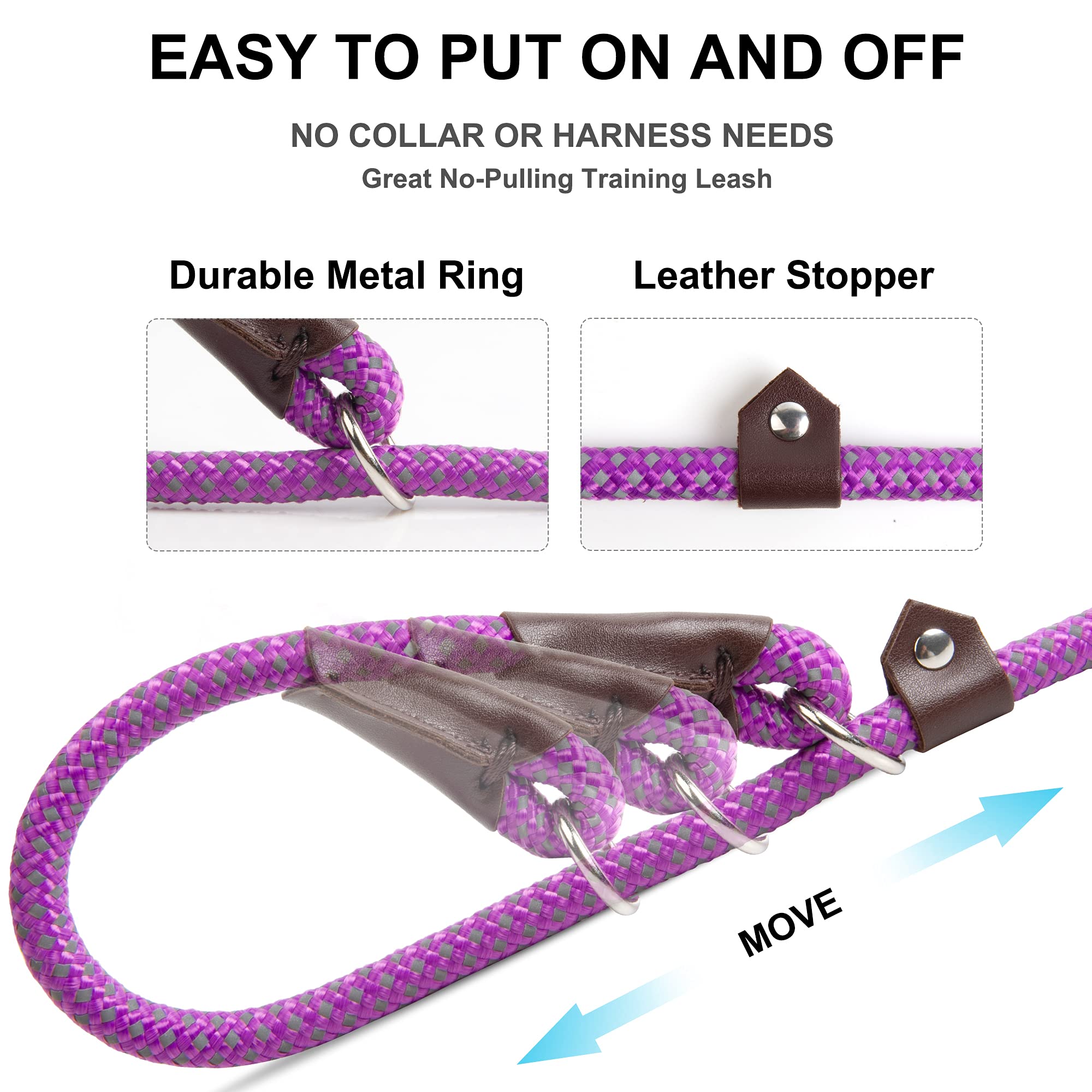 Fida Durable Slip Lead Dog Leash Bulk Pack Of 5, Heavy Duty 1/2' X 6 Ft Comfortable Strong Rope Slip Leash For Large, Medium Dogs No Pull Pet Training Leash With Highly Reflective, Purple