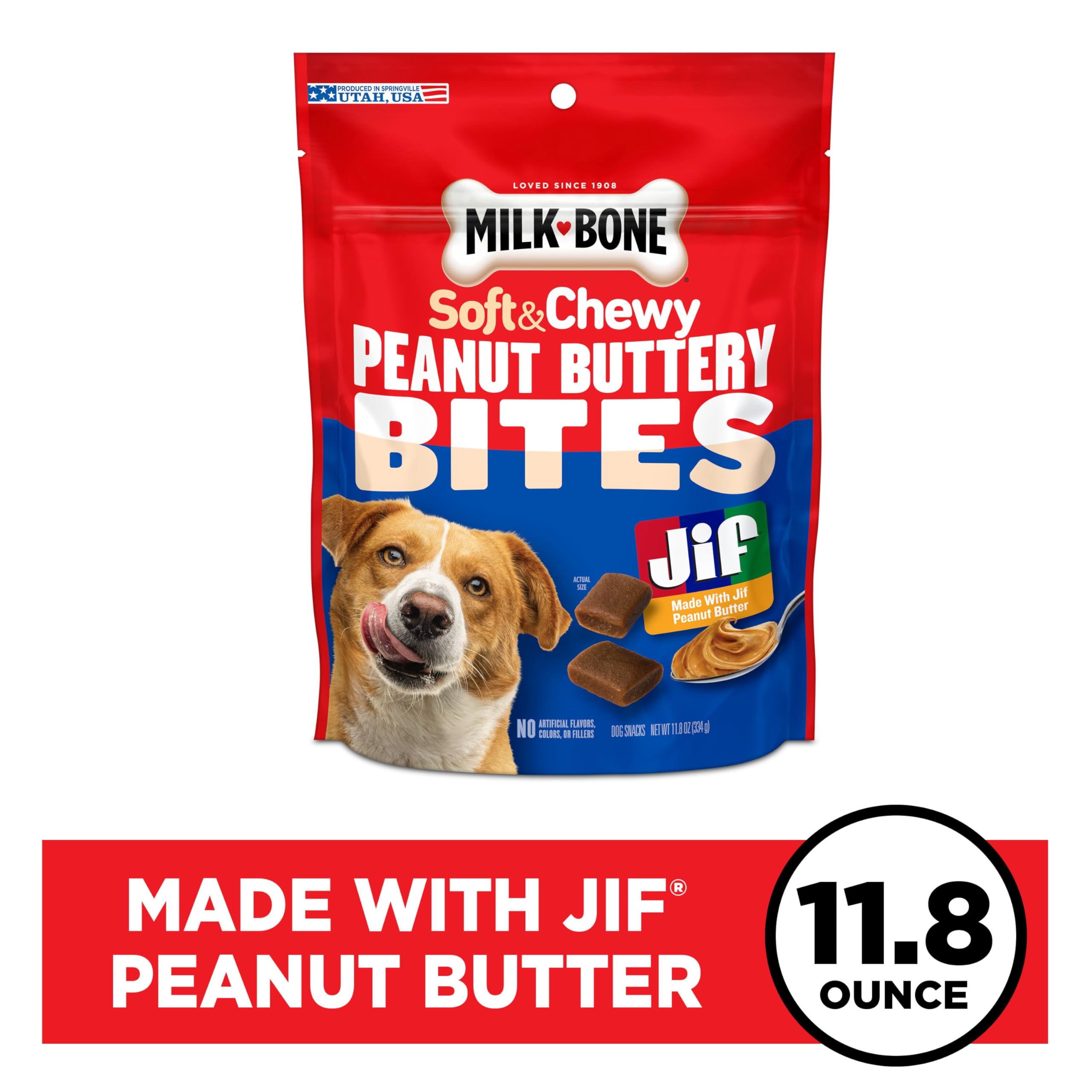 Milk-Bone Peanut Buttery Bites Soft Dog Treats with Jif Peanut Butter, 11.8 Ounce Bag