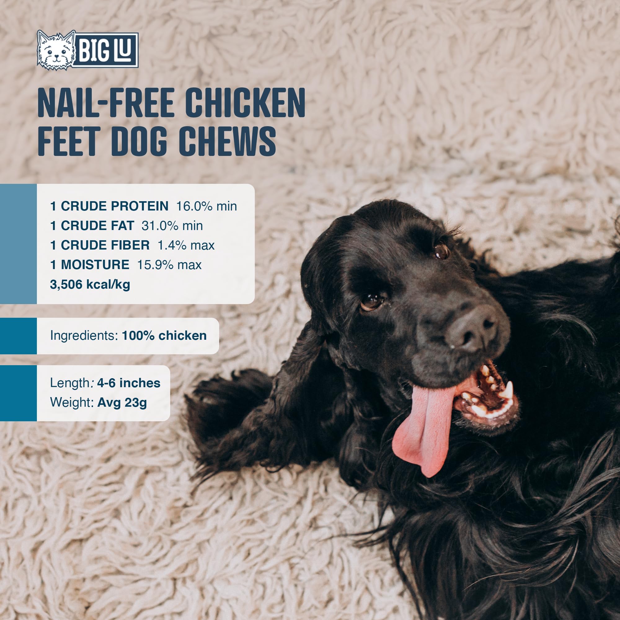 Big Lu - Nail-Free Chicken Feet Dog Chews, 100% Natural Single-Ingredient Treats, Rawhide-Free, Long-Lasting, Rich in Glucosamin