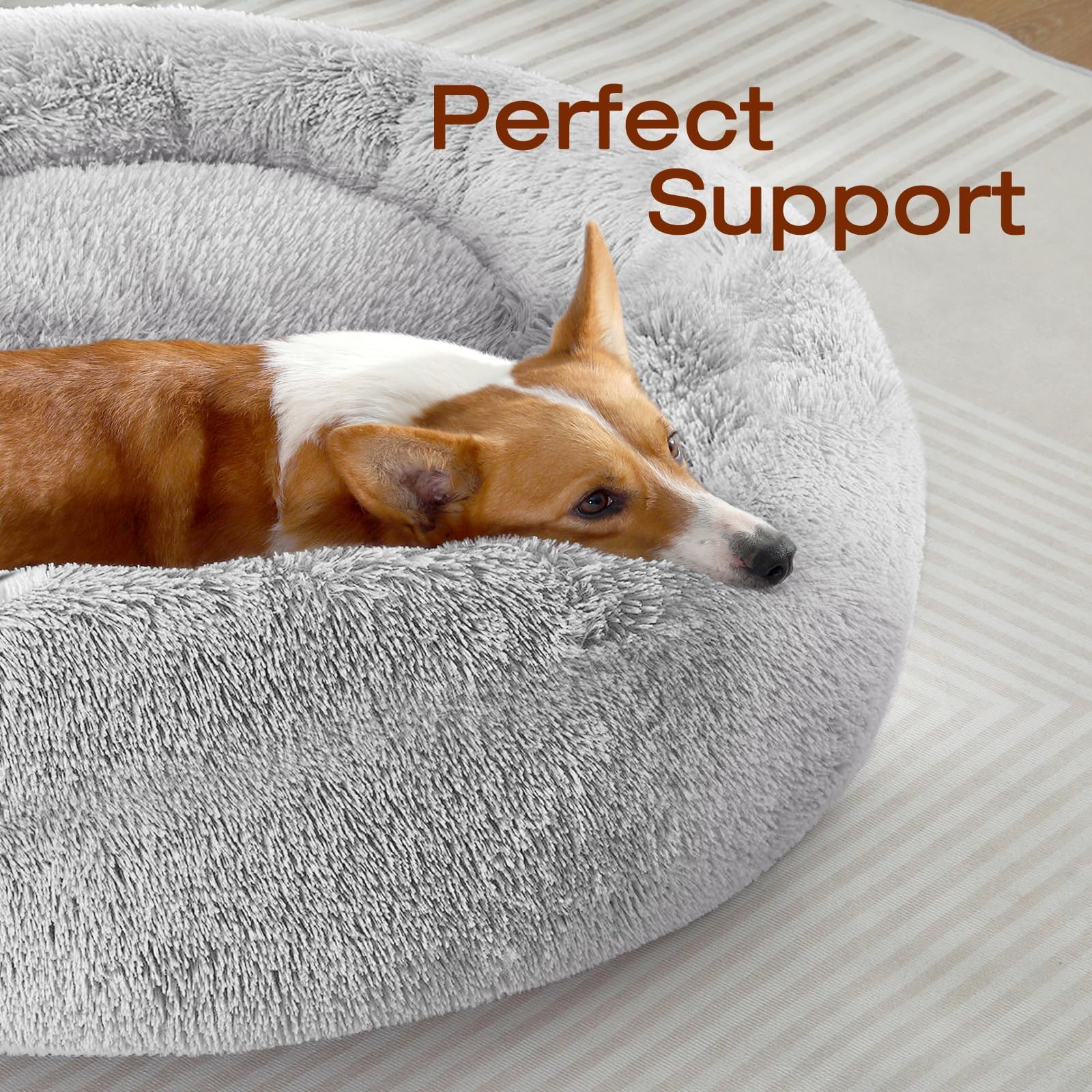 JOLLYVOGUE Dog & Cat Bed - Calming Faux Fur Donut Cushion for Small Pets, 24", Light Grey