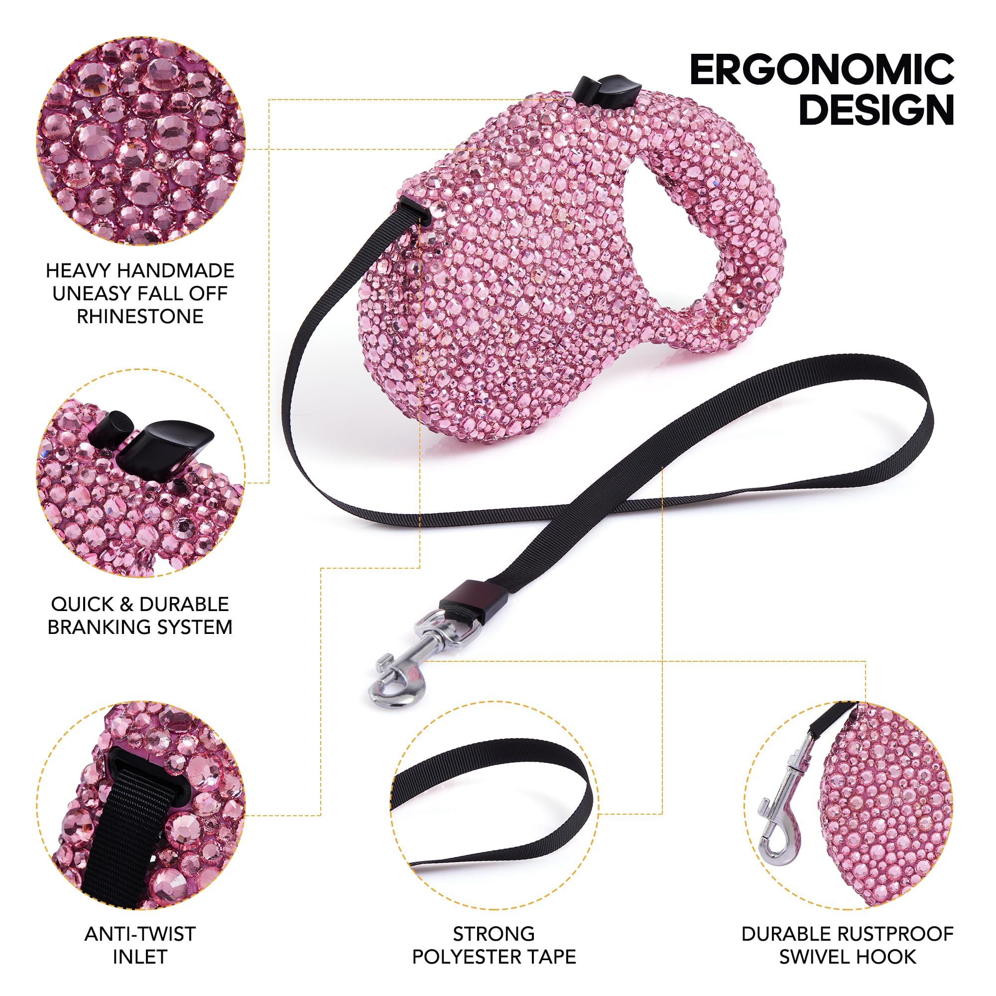 Sparkle Retractable Dog Leash,Pink Rhinestone Pet Walking Leash For Small Medium Dog Cat,Bling Small Puppy Leash,Durable 16 Ft S
