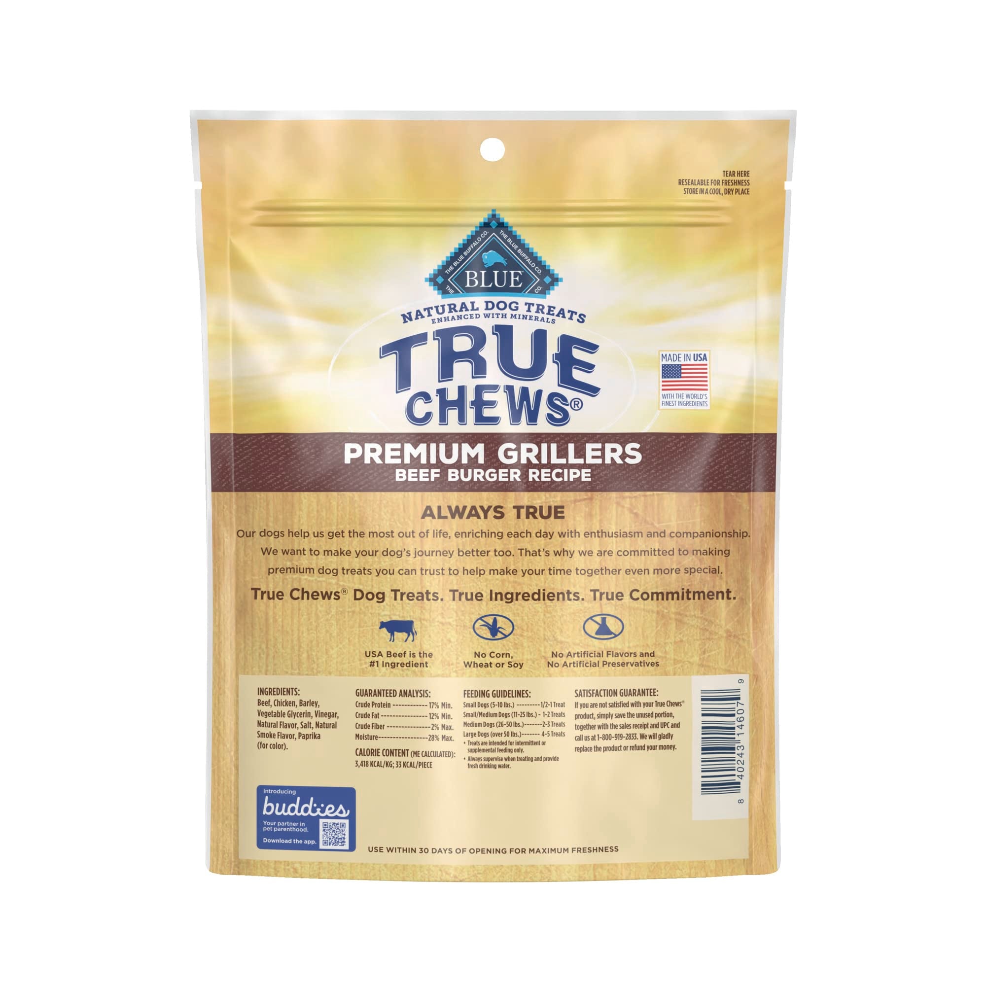 Blue Buffalo True Chews Dog Treats, Made in the USA with Natural Ingredients, Beef Burger Recipe, 10-oz Bag