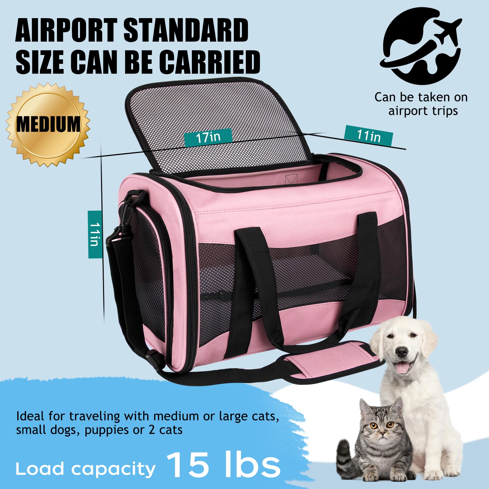 Yipincover Cat Carriers Soft-Sided,Pet Carrier For Small Cats Dogs Puppies Up To 1-15 Lbs,Tsa Airline Approved, (Medium,Pink)