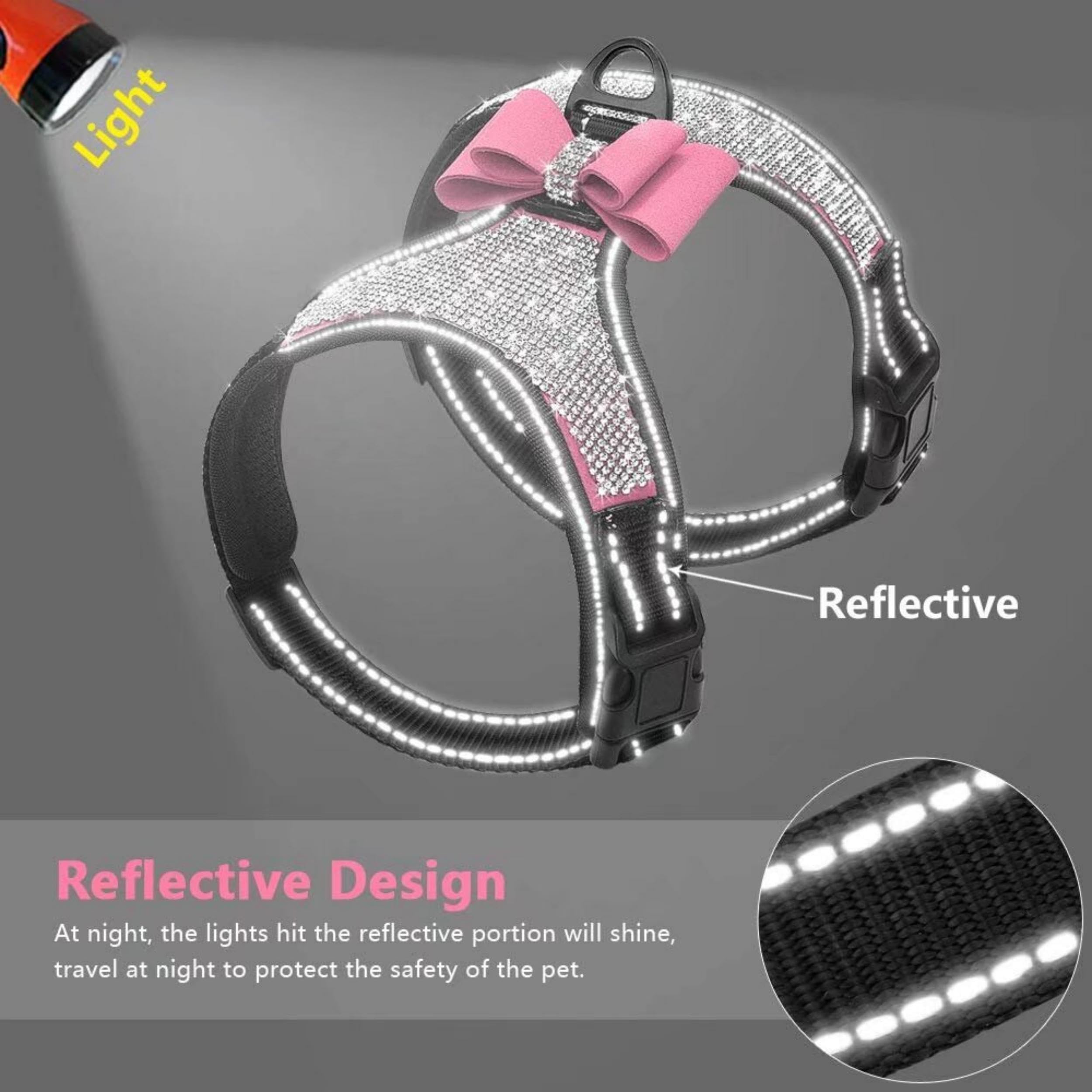 Beirui Rhinestone Dog Harness - Reflective Bling Vest, Suede, Size M, Pink with Sparkly Bow Tie for Small to Large Dogs