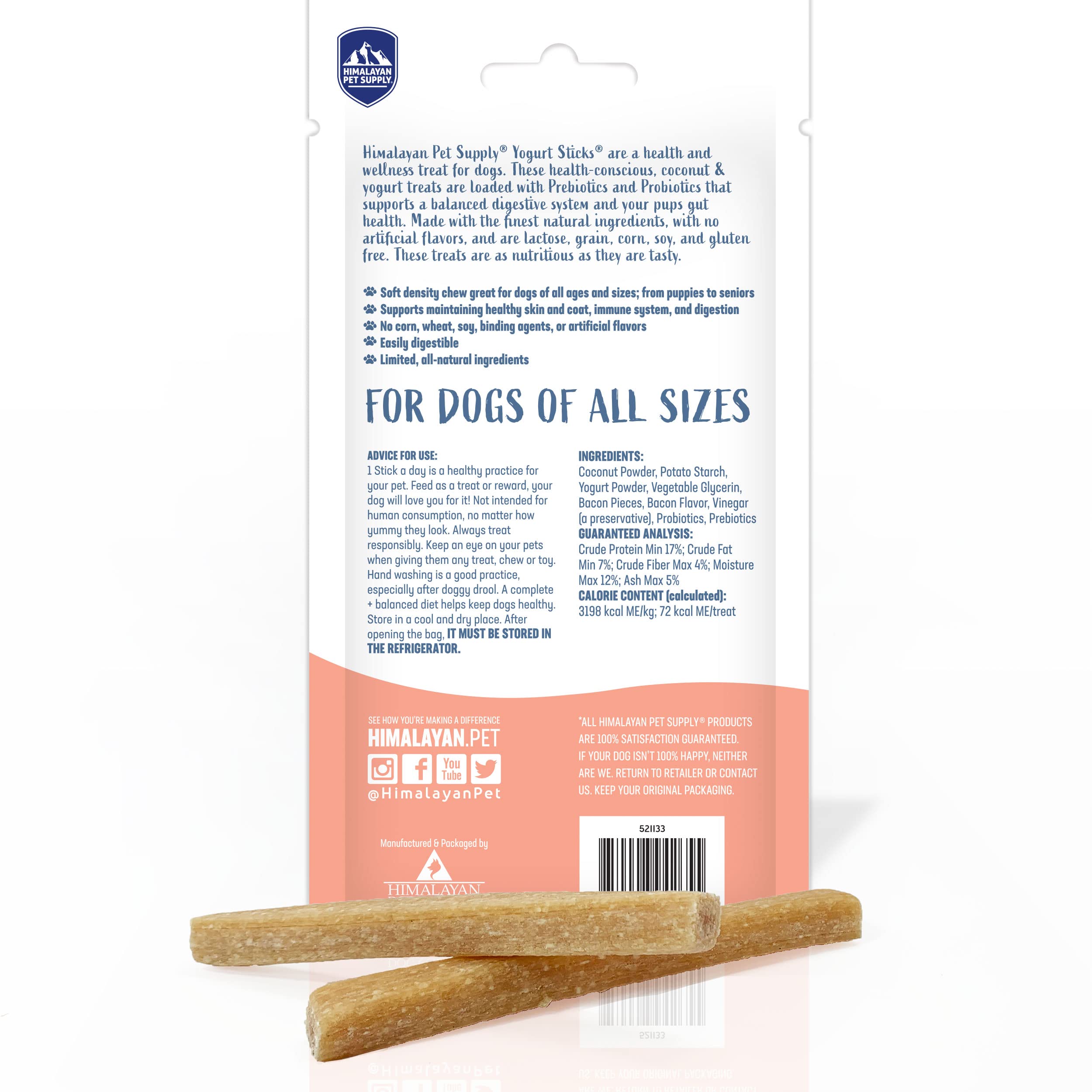 Himalayan Dog Chew Yogurt Sticks, Bacon Flavored, Dog Treats With Prebiotics, Probiotics & Protein, Digestive Support, Lactose &
