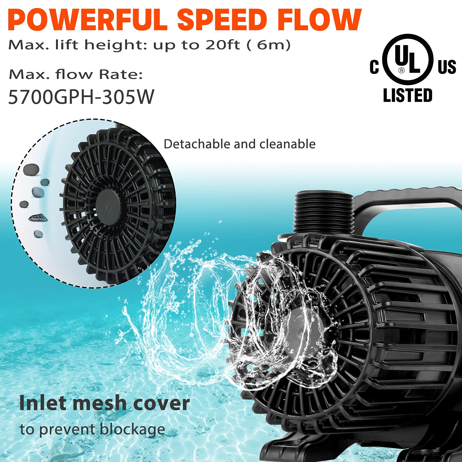 Waterrebirth (5700Gph-305W, Ul Listed) High Flow Large Fountain Submersible Water Pond Sump Pump Aquarium Electric Waterfall Pum