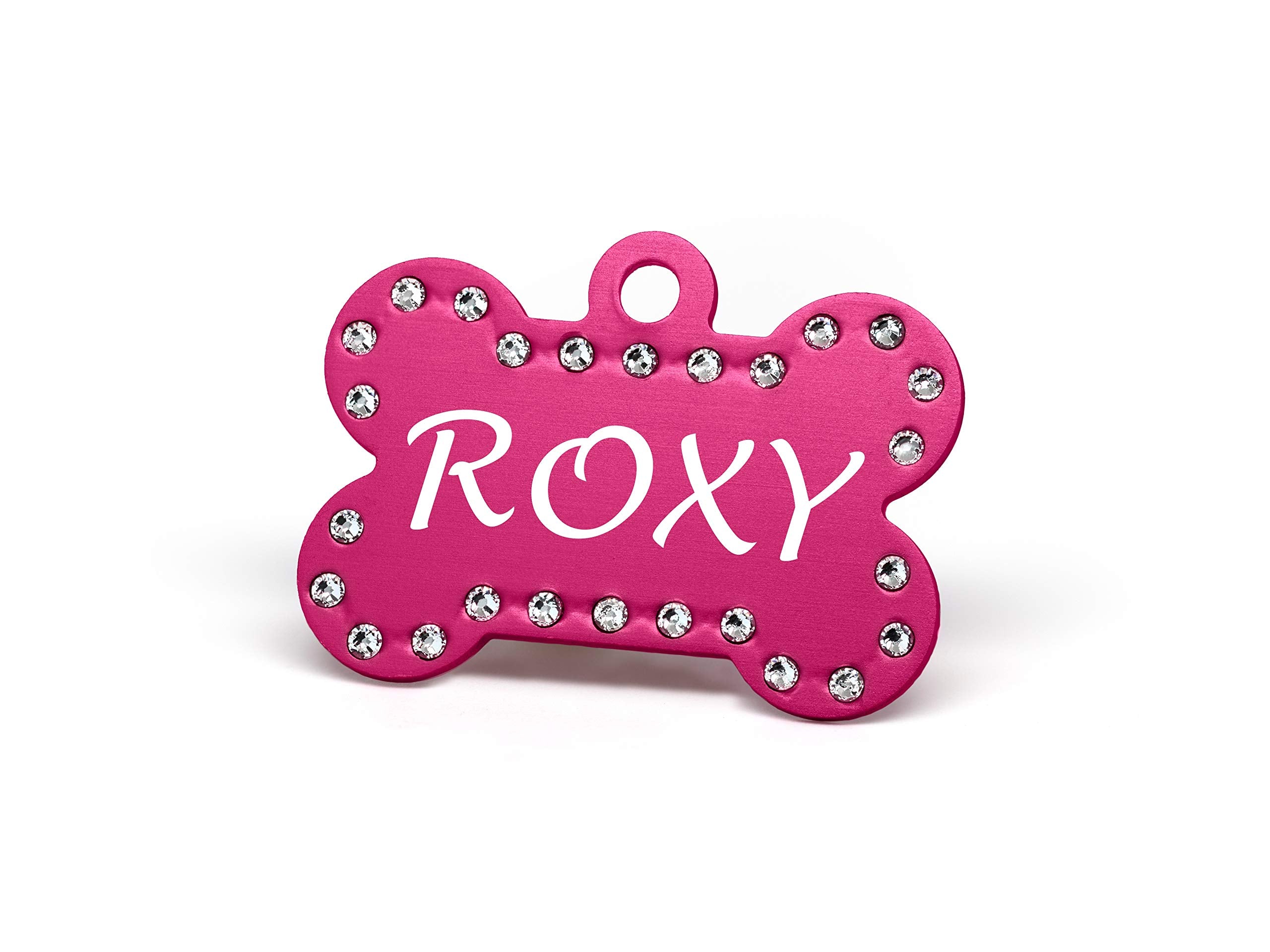 Custom Engraved Pet Id Tags With Swarovski Crystal - 1.5' Long X 1' Tall, Anodized Aluminum, Bone Shape, Pink