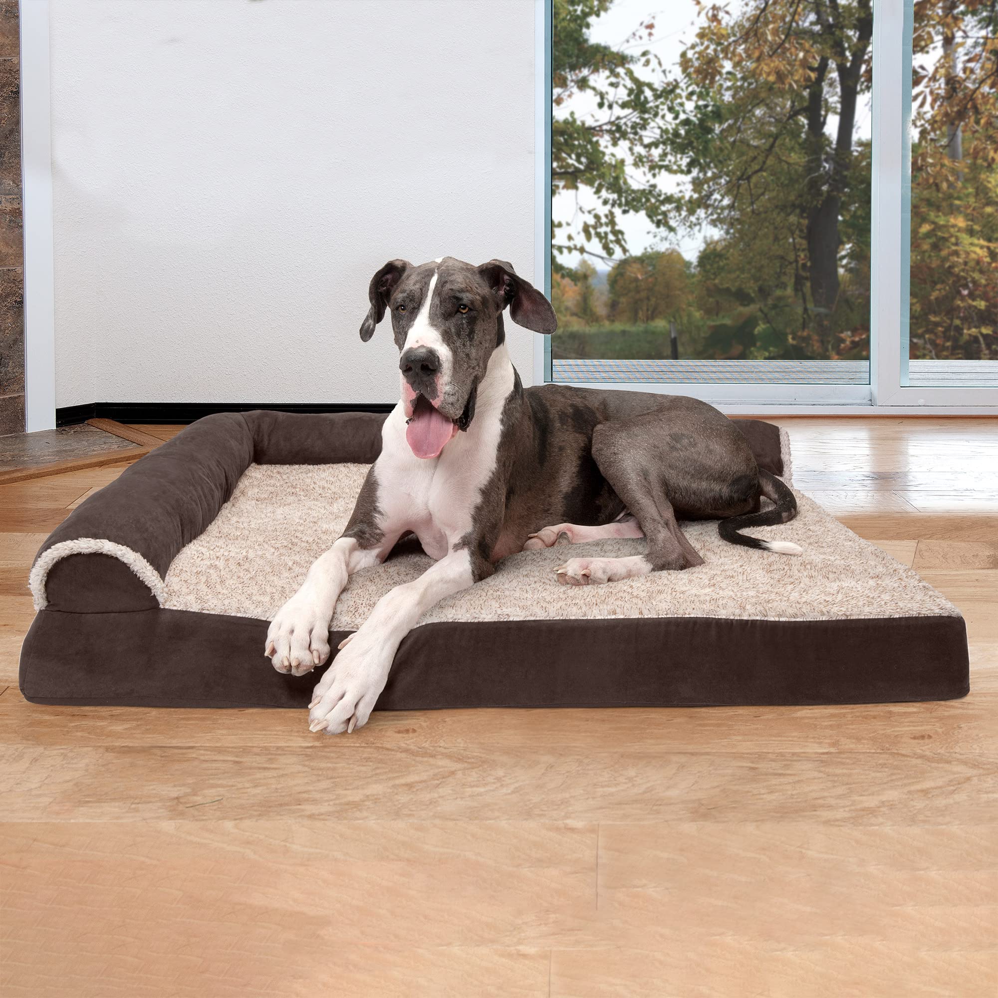 Furhaven Orthopedic Dog Bed For Large Dogs W/ Removable Bolsters & Washable Cover, For Dogs Up To 125 Lbs - Two-Tone Plush Faux Fur & Suede L Shaped Chaise - Espresso, Jumbo Plus/Xxl