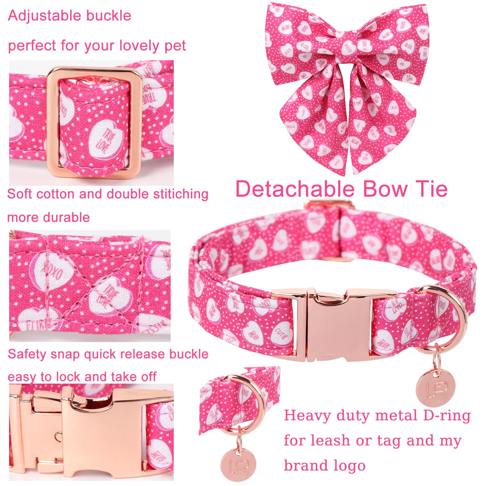 Up Urara Pup Valentines Dog Collar With Bow Tie, Pink Heart Bowtie Collar With Metal Buckle, Valentines Gift Pet Collar For Pupp