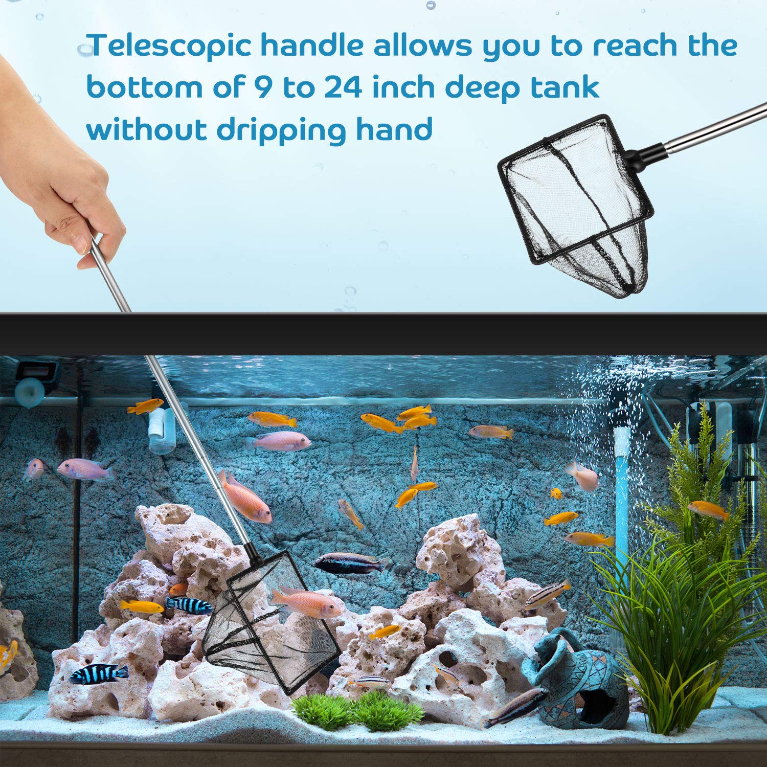 2 Pieces Fish Tank Net Aquarium Mesh Fish Net Long Handle Fish Net with Extendable 12.5-27.5 Inch Stainless Steel Catch Nets for