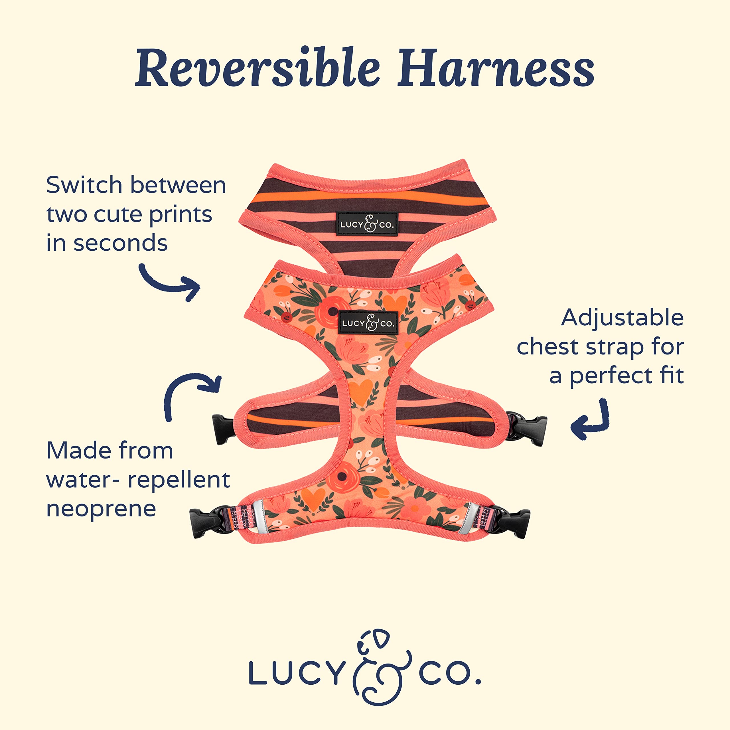 Lucy & Co Posy Pink, Reversible Dog Harness | Soft and Padded for Comfort with Ability to Easily Switch Between Two Designer Pri