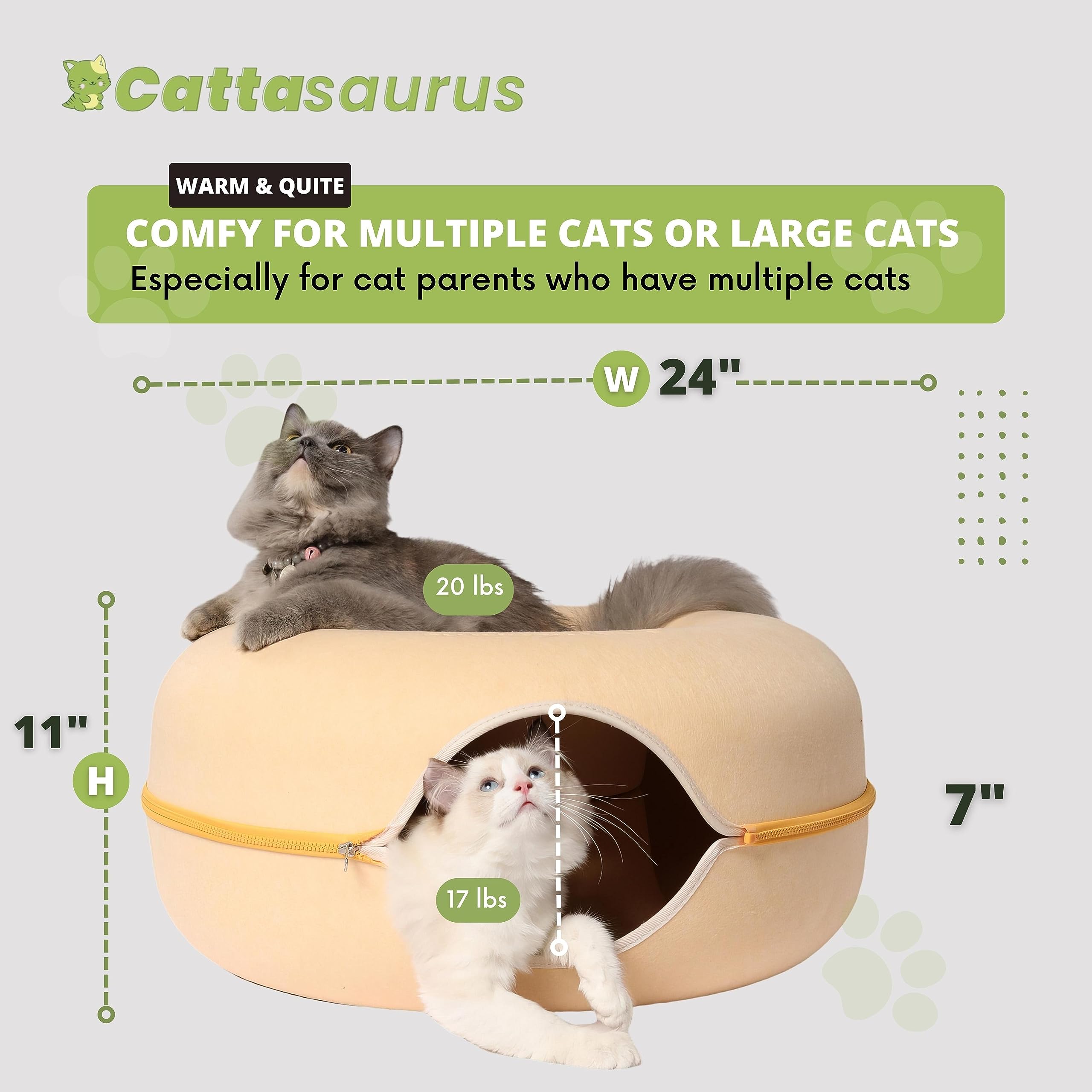 Cattasaurus Peekaboo Cat Cave - Large Pastel Macaron, Washable Felt Tunnel Bed for Multiple Cats Up to 45 Lbs, Model PAB1701