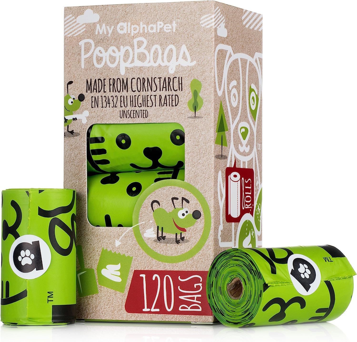 My Alphapet Compostable Dog Poop Bags, Cornstarch Eco-Friendly, Home Compost Nf T 51-800, 120 Count, Large Size Bag 9X13 Inches, 8 Unscented Refill Rolls, Leak-Proof, Plantbased, Gm-Free Corn