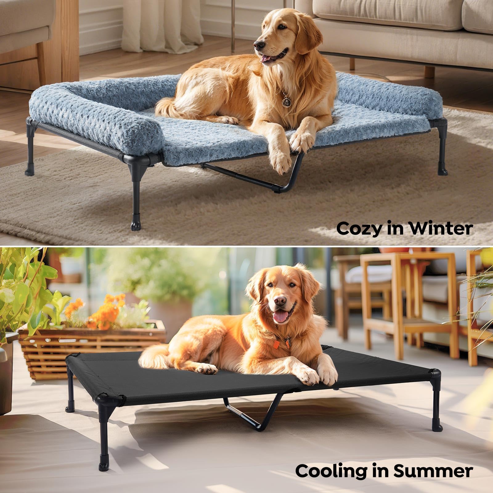 Veehoo Cooling Elevated Dog Bed Add Removable Deluxe Rose Plush Bolster Cushion Mat, 53'' X 33'' Washable Dog Couch Bed, Raised