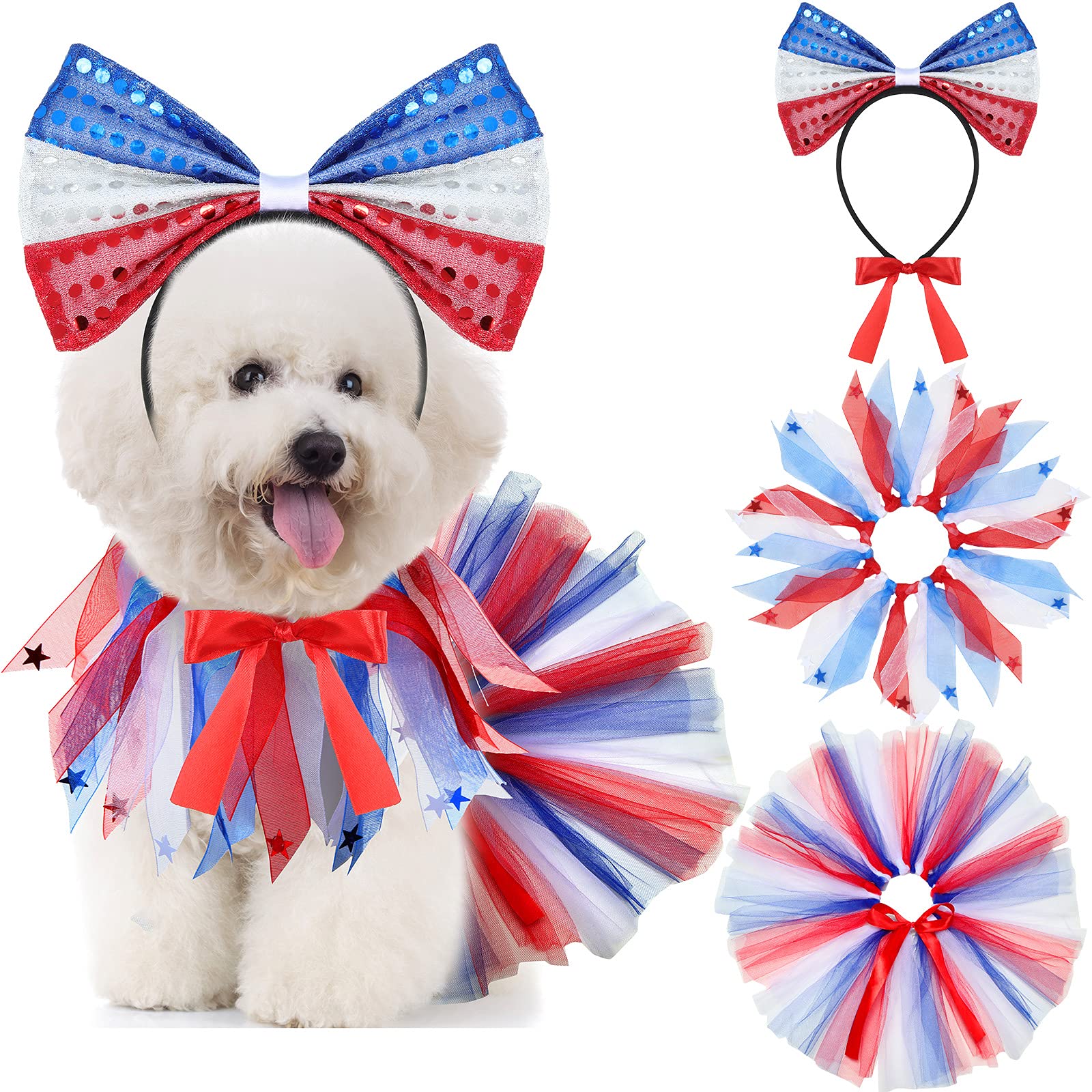 Weewooday 3 Pieces Girl Dog Costume Patriotic 4Th Of July Tutu Skirt And Bowtie Headband Fancy Collar For Small Dog Costume Deco