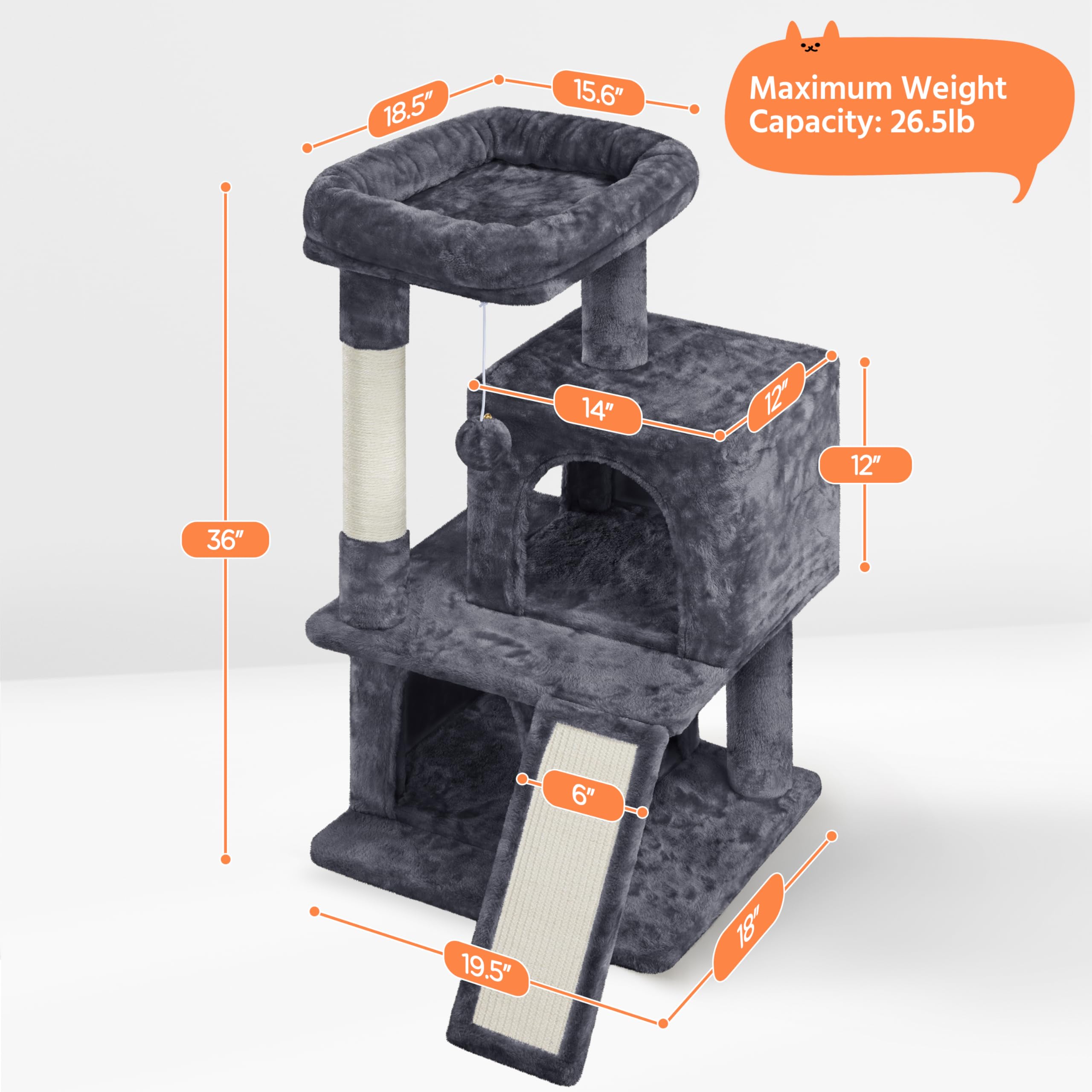 Yaheetech Cat Tree For Indoor Cats, 36In Cat Tower Cat Condo W/Extra Large Perch, Scratching Posts, Scratching Board, Dangling B