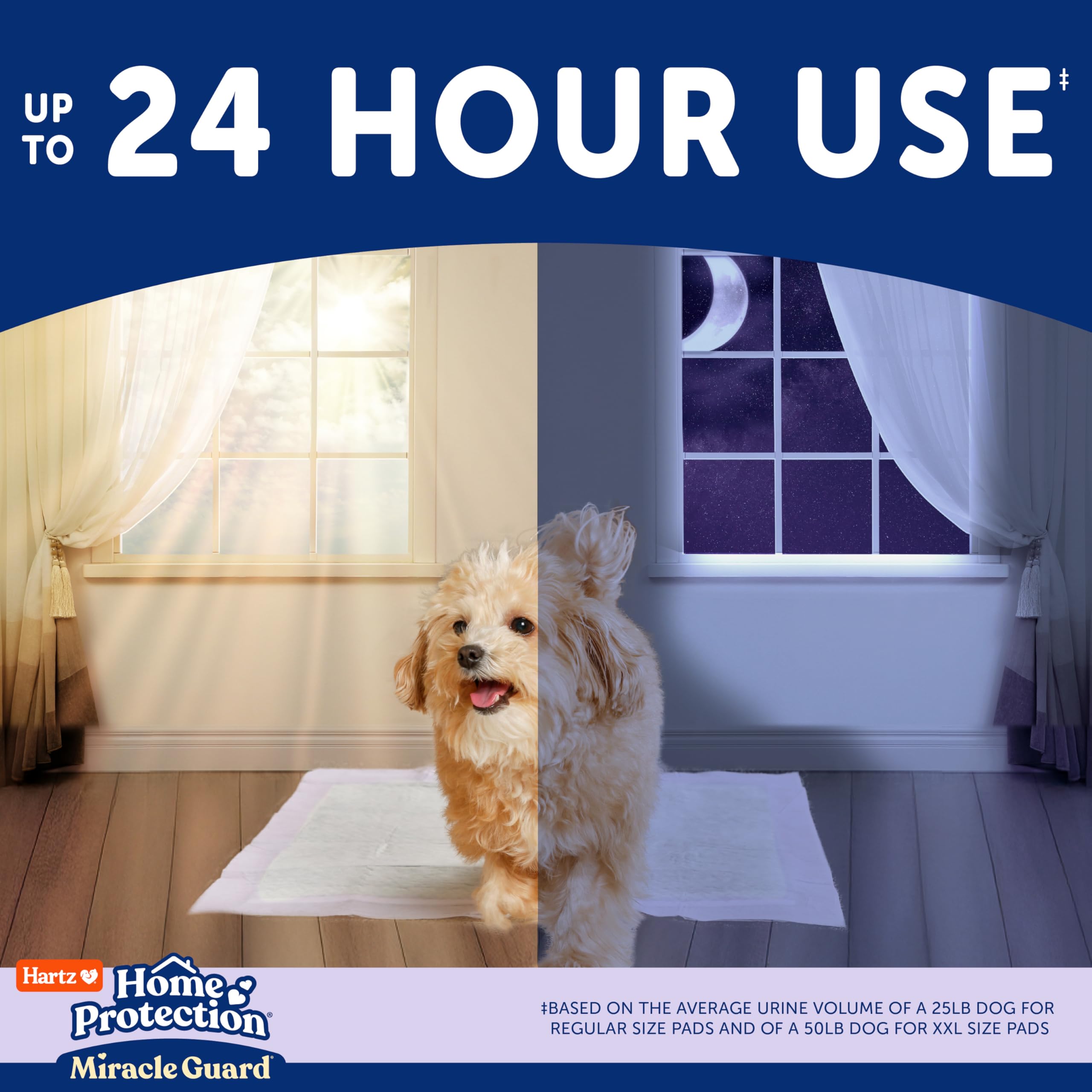 New! Hartz Home Protection Miracle Guard Lavender Scented Dog Pads, Regular Size 25 Count, 24 Hour Use, Wont Leak and Odor Elim