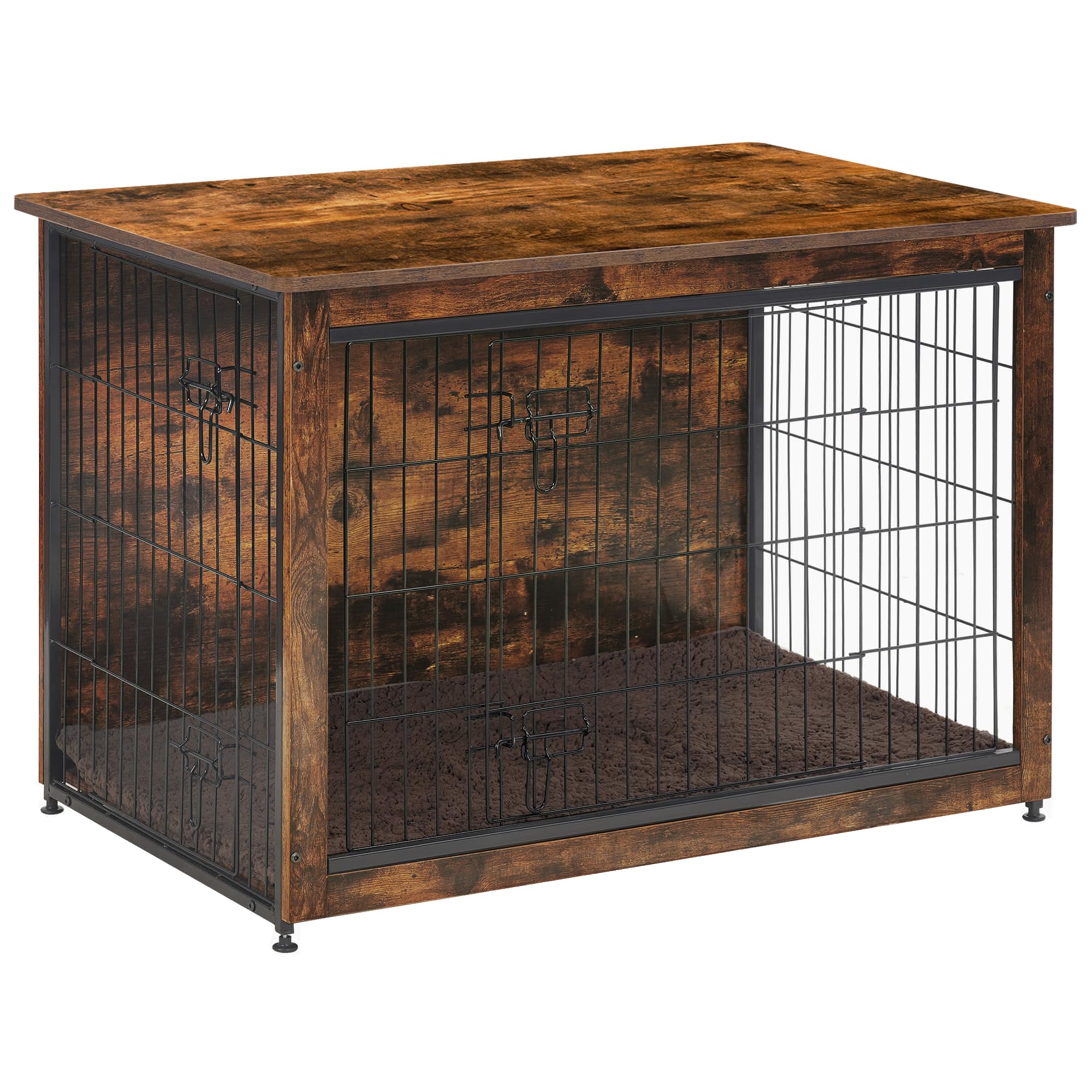 Dwanton Dog Crate Furniture With Cushion, Wooden Dog Crate Table, Double Doors Dog Furniture, Indoor Dog Kennel, Dog House, Dog Cage Large, 38.5' L, Rustic Brown