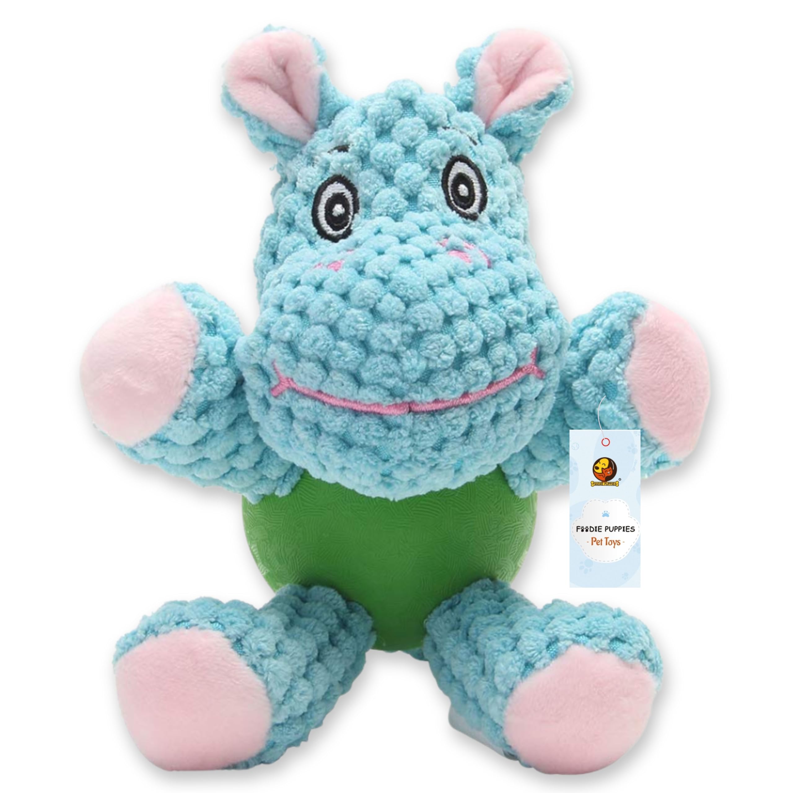 Foodie Puppies Interactive Dog Squeaky Plush Toy (Blue Hippo, Medium) | CottonStuffed, Crinkle Paper, Rubber Vest Chew Toy for 