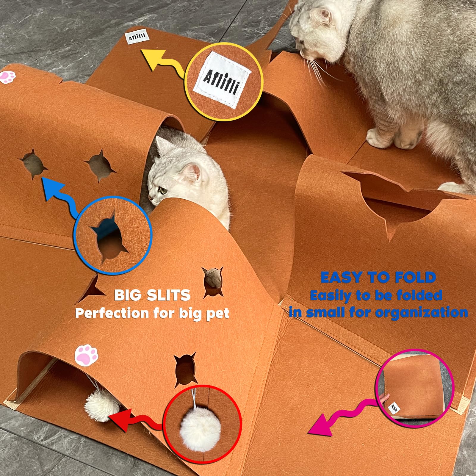 AFLIFLI Interactive Cat Tunnel Mat, 35.4" Felt Cave with Hanging Ball, Brown, Foldable Pet Toy for Indoor Cats, Kittens, and Small Pets