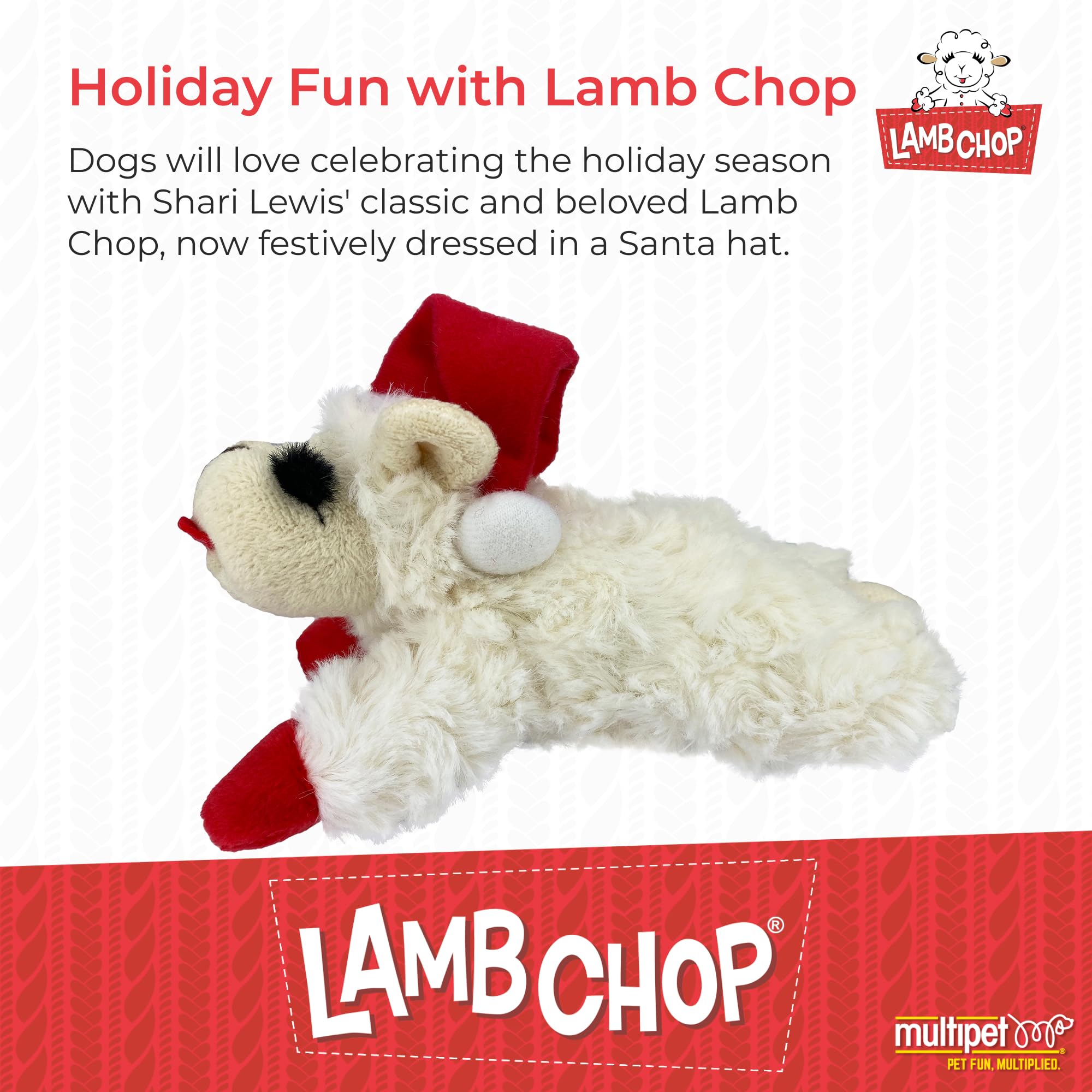 Multipet Lamb Chop Dog Plush Toy W/ Santa Hat - Squeaky Dog Toy For All Dogs - Extra Soft Plush Dog Toy - Stuffed Animal Dog Toy For Cuddling & Playing - Cute Pet Toy (6, Cream)