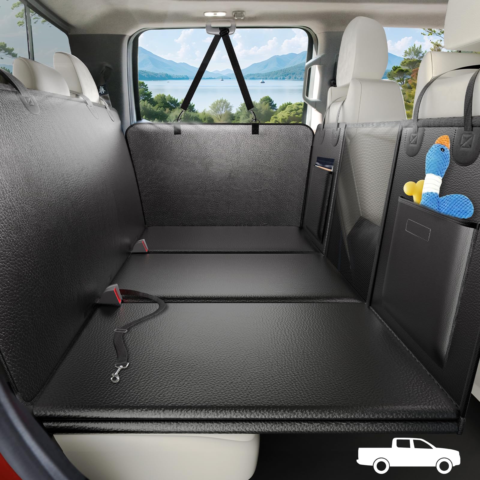 Rouwinne Back Seat Extender For Dogs Truck-Upgraded Pu Leather-Dog Pet Seat Cover Back Seat Hard Bottom 500Lbs, Anti-Scratch Dog