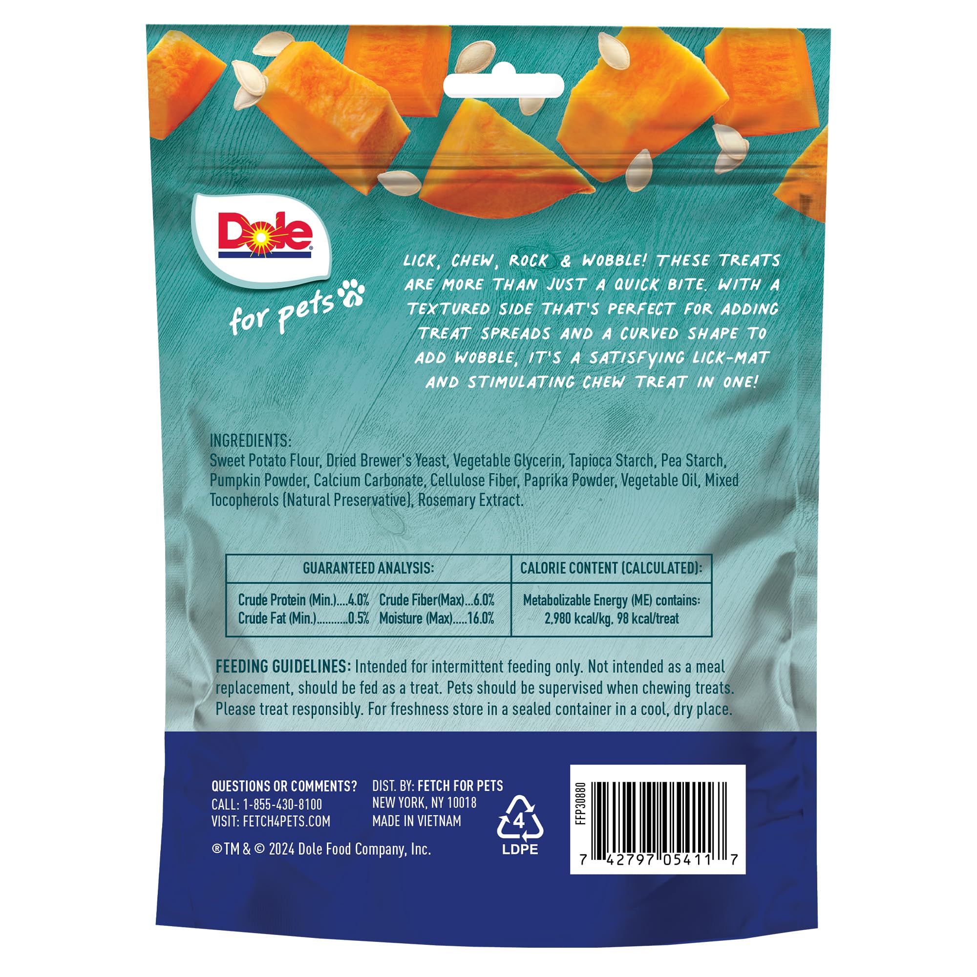 Dole for Pets Freshly Fetched Lasting Chew, Pumpkin Flavor Dog Treats, 8oz, 5ct | Flavored with Real Veggies, No Wheat, Corn, So
