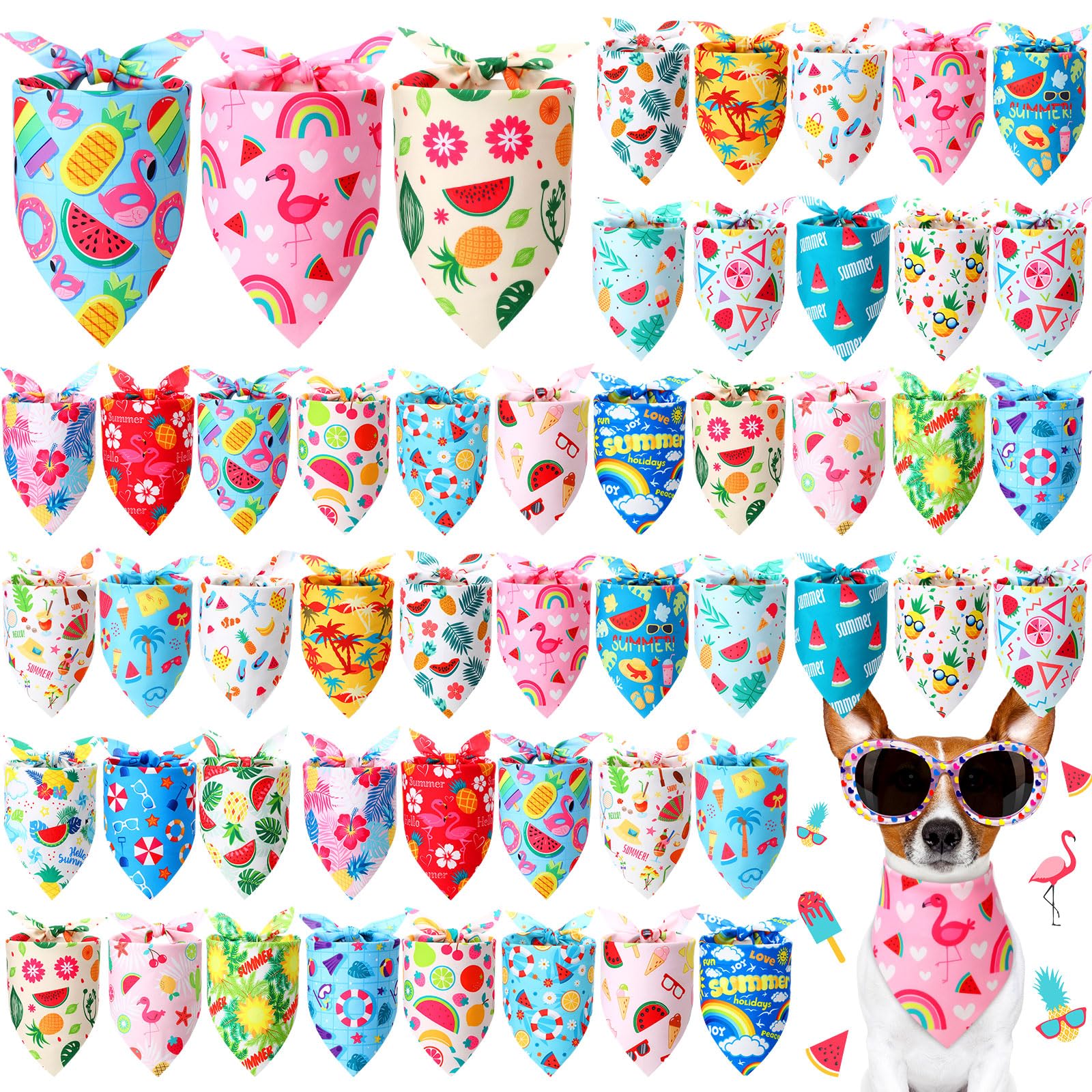 Preboun 50 Pcs Summer Bandanas Dogs Bulk Hawaiian Dog Bandanas Fruit Kerchief Set For Summer Puppy Small Medium Large Pets Costu
