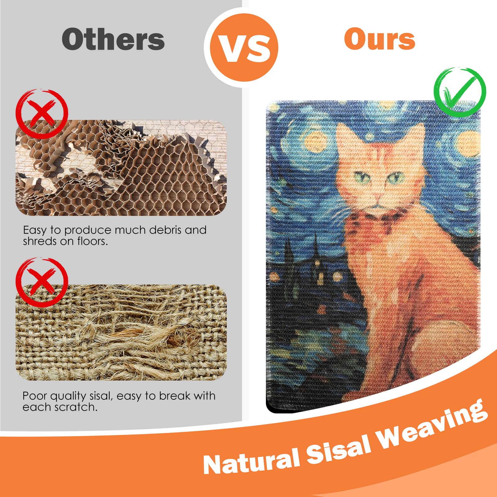 3-In-1 Sisal Cat Scratch Mat 23.6X15.7'' Floor & Wall Cat Scratcher Pad, Protects Carpet Couch & Furniture With Sticker Tape, An