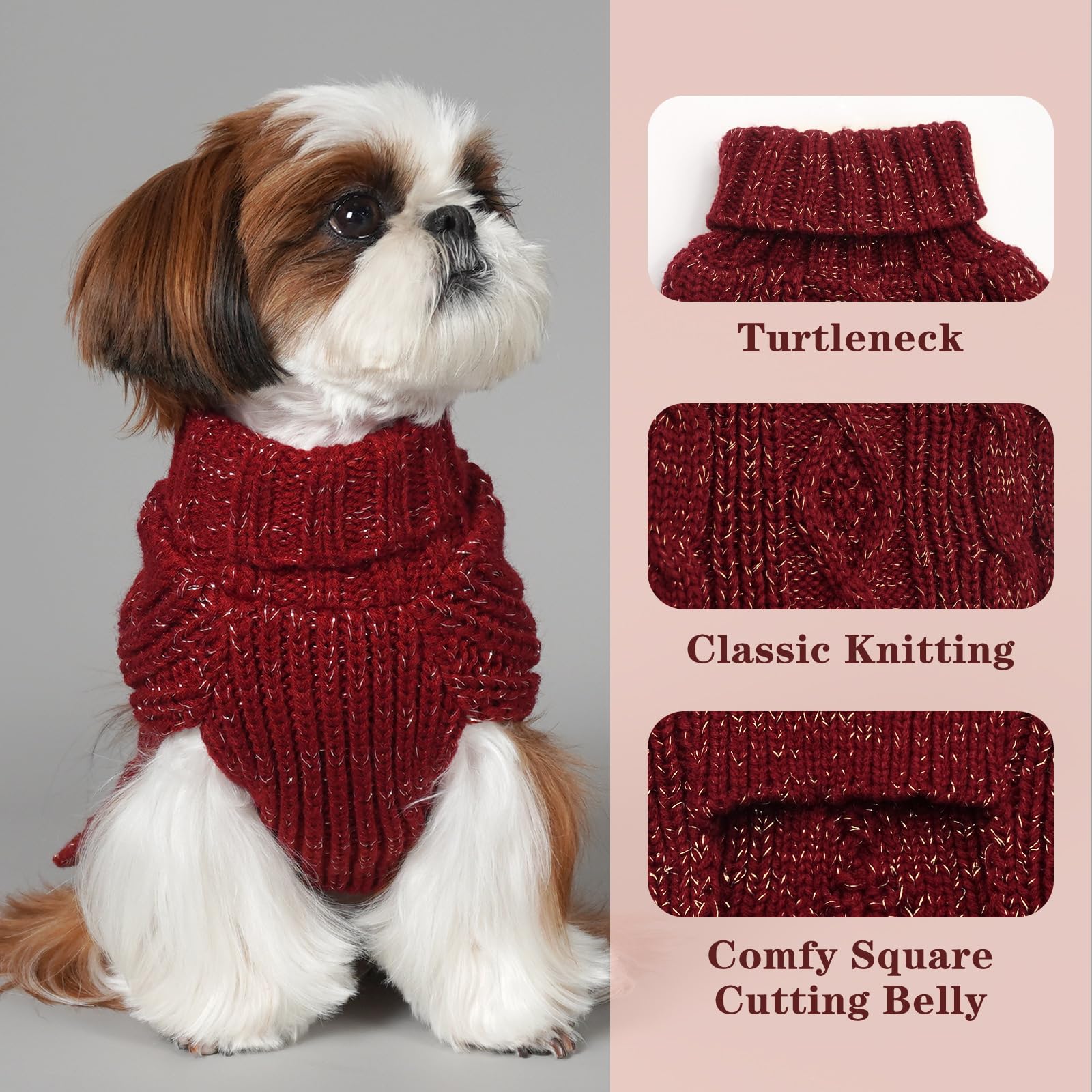 Kyeese Dog Sweaters For Medium Dogs Turtleneck Dog Cable Knit Puppy Sweater With Golden Thread For Cold Weather, Wine Red, Large