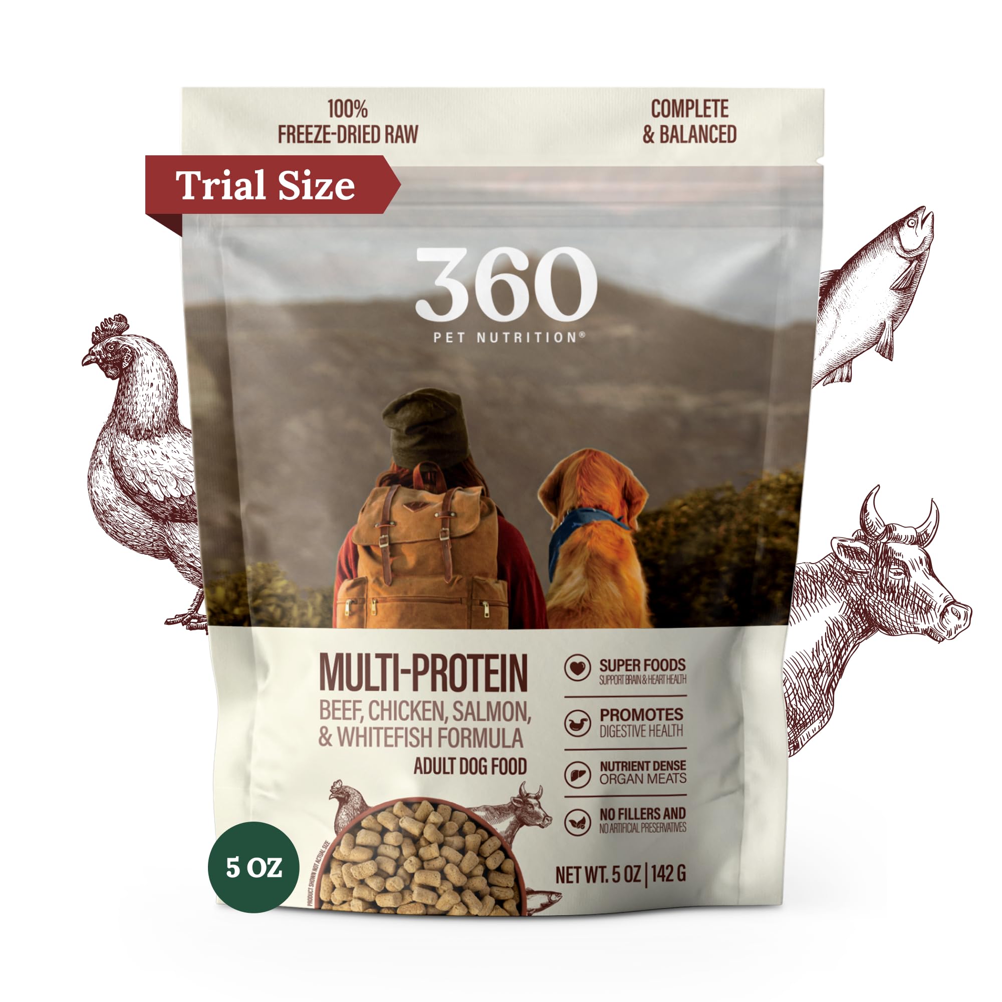 360 Pet Nutrition Freeze-Dried Raw Dog Food - Multi-Protein with Beef, Chicken, Fish, Liver & Organs, High Protein Omega-3s Frui