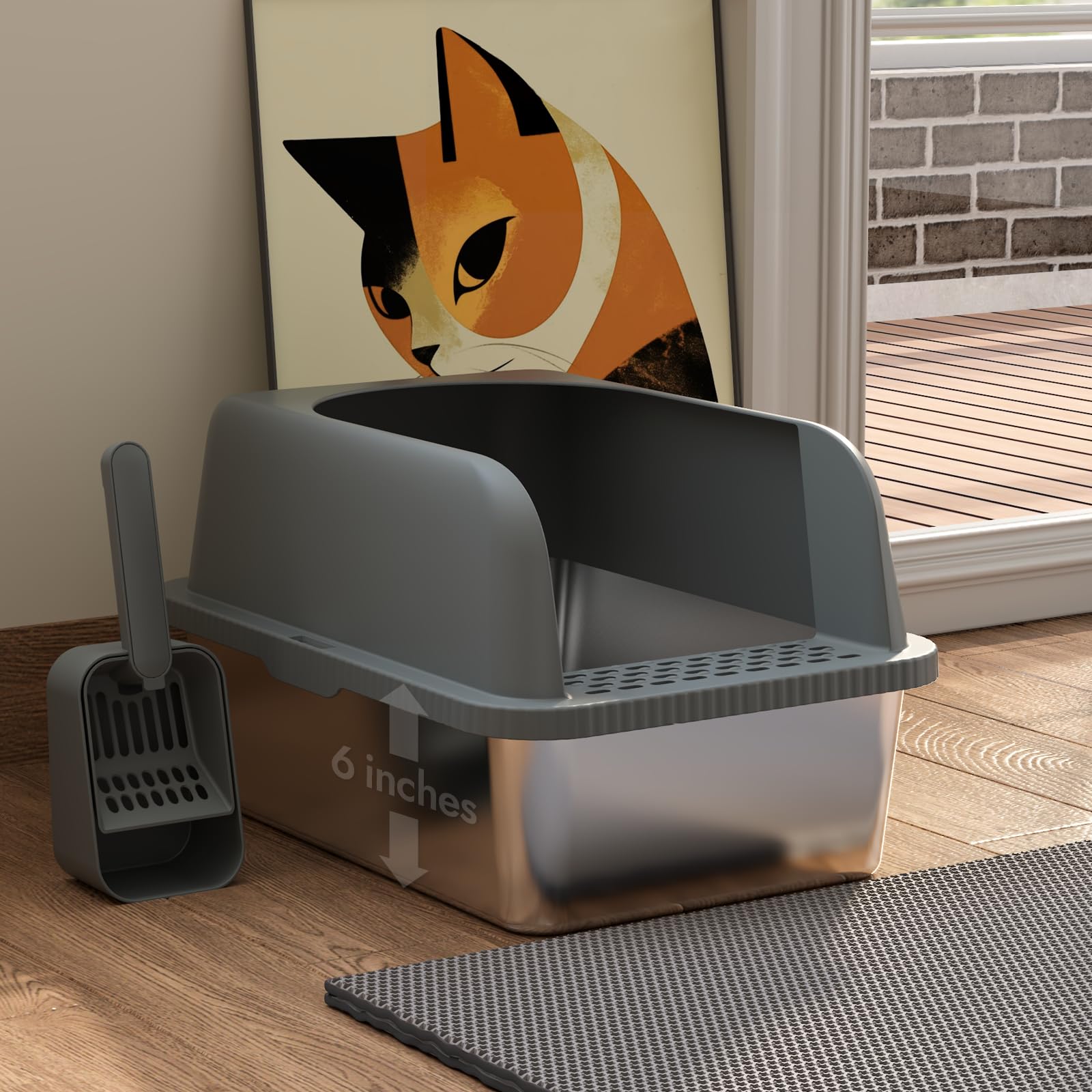Extra Large Litter Box For Big Cats, Stainless Steel Cat Litter Box With High Side, Anti-Leakage,Non-Stick, Includes Litter Mat