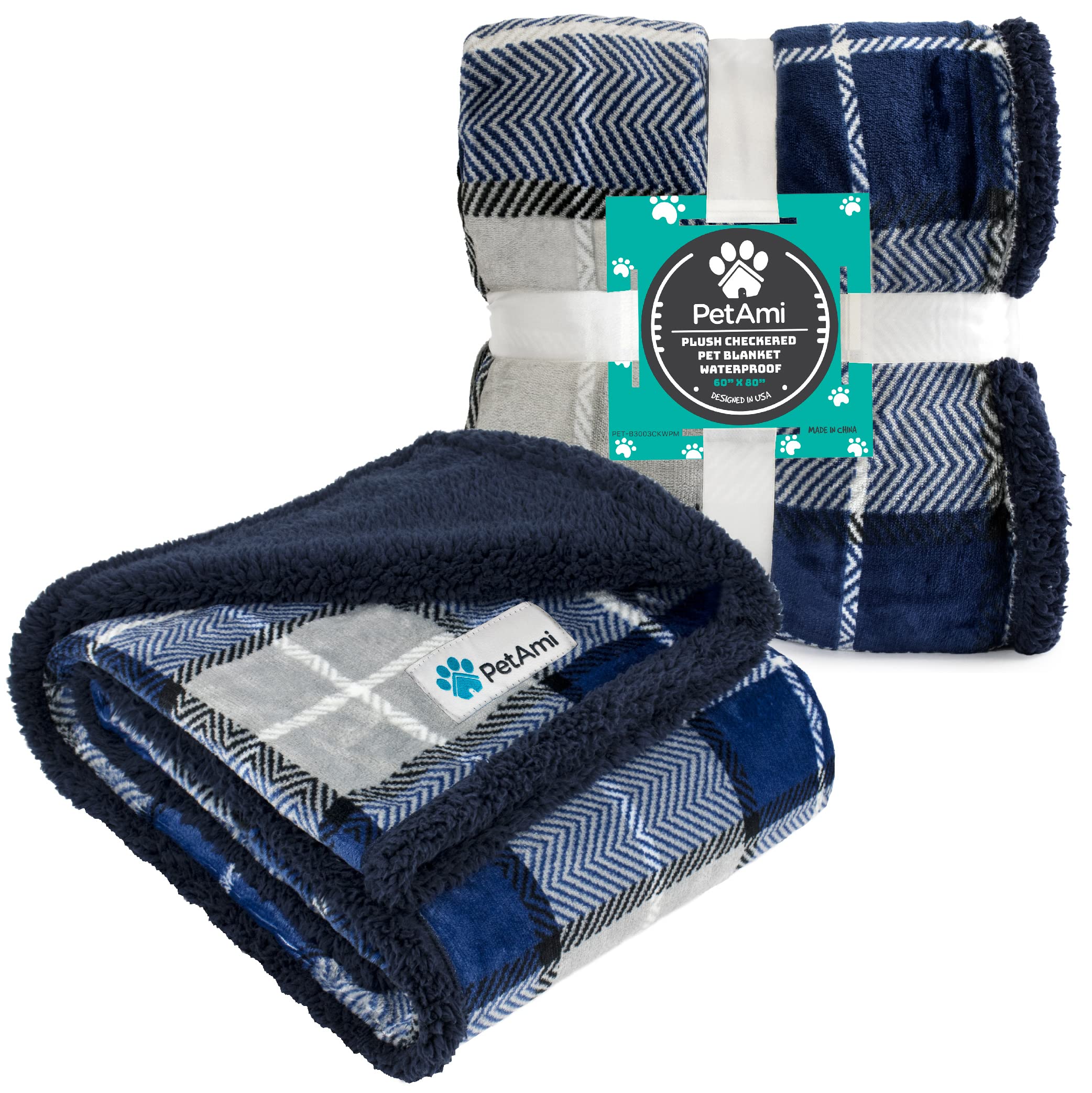 Petami Dog Blanket For Medium Large Dogs, Pet Bed Blanket Cat Puppy Kitten, Fleece Furniture Couch Cover Protector Sofa Car, Soft Sherpa Dog Throw Plush Reversible Washable, 40X60 Plaid Navy Blue