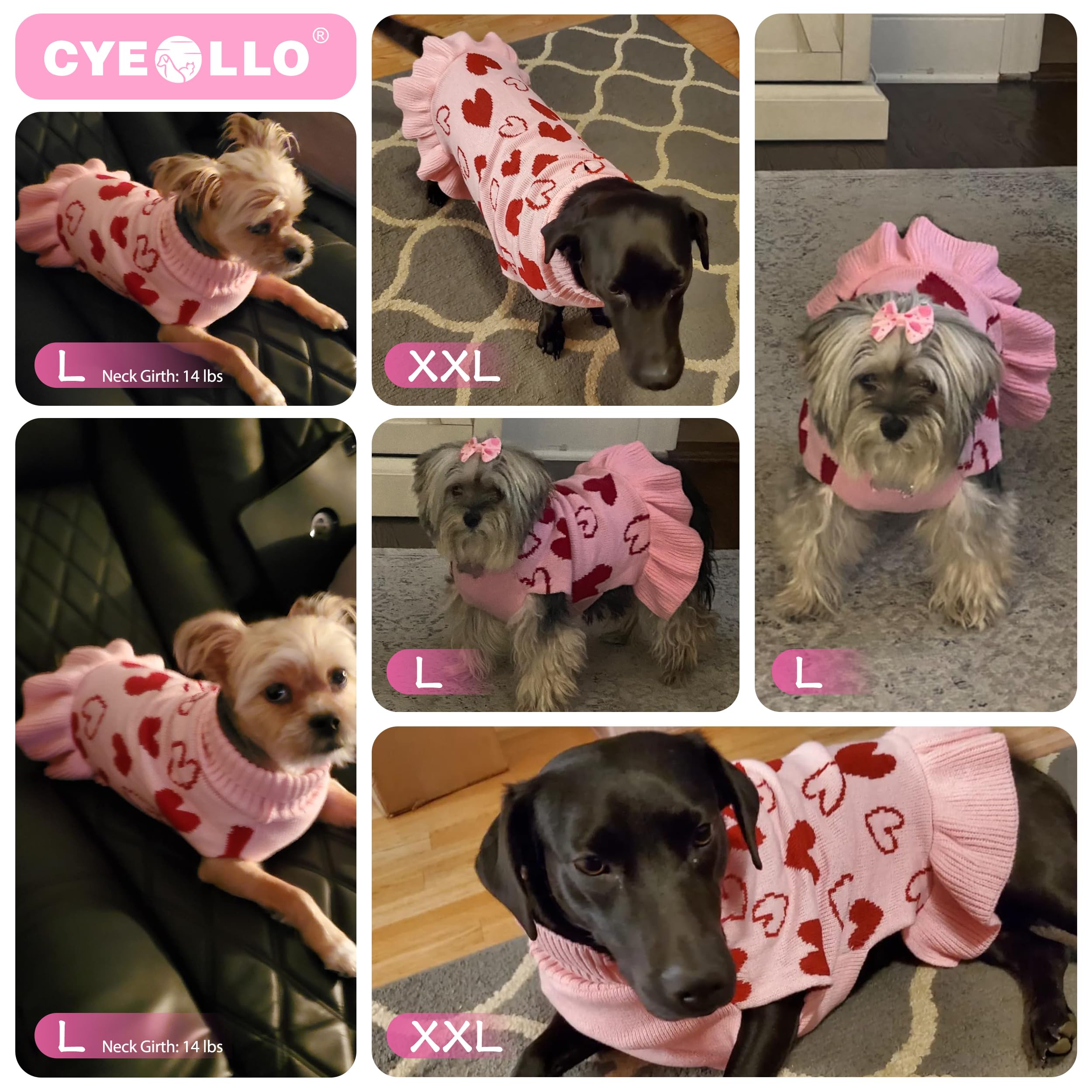 Cyeollo Dog Sweater Dress Dog Clothes Pullover Turtleneck With Leash Hole Heart Pattern Holiday Outfit Female Pet Apparel Valent