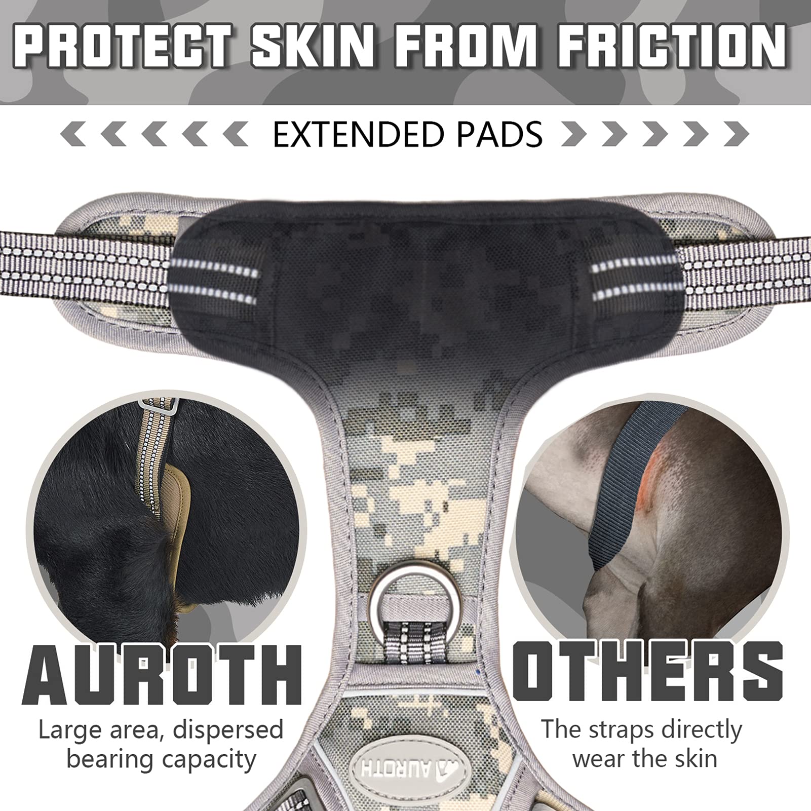 AUROTH Tactical Dog Harness, No Pull, Reflective, XL, Grey Camo, Nylon, Adjustable, for Small Medium Large Dogs