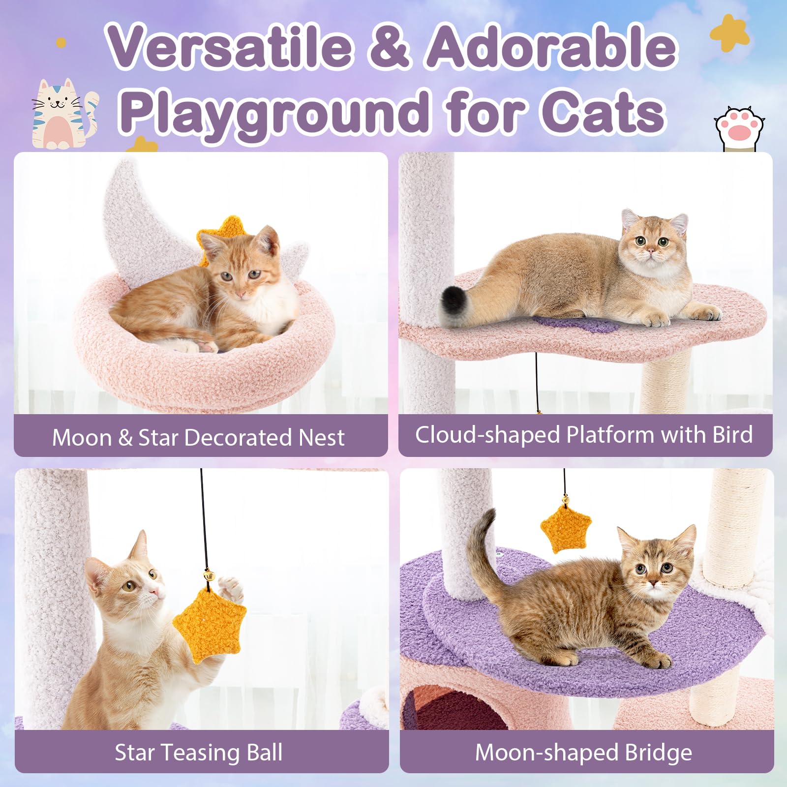 Tangkula Cat Tree Tower, 55 Inch Multi-Level Cat Tower With Cat Condo, Sisal Scratching Posts, Moon Star Plush Perch, Hammock, Cloud Platforms, Dangling Toys, Cute Purple Pink Cat Tree For Indoor Cats