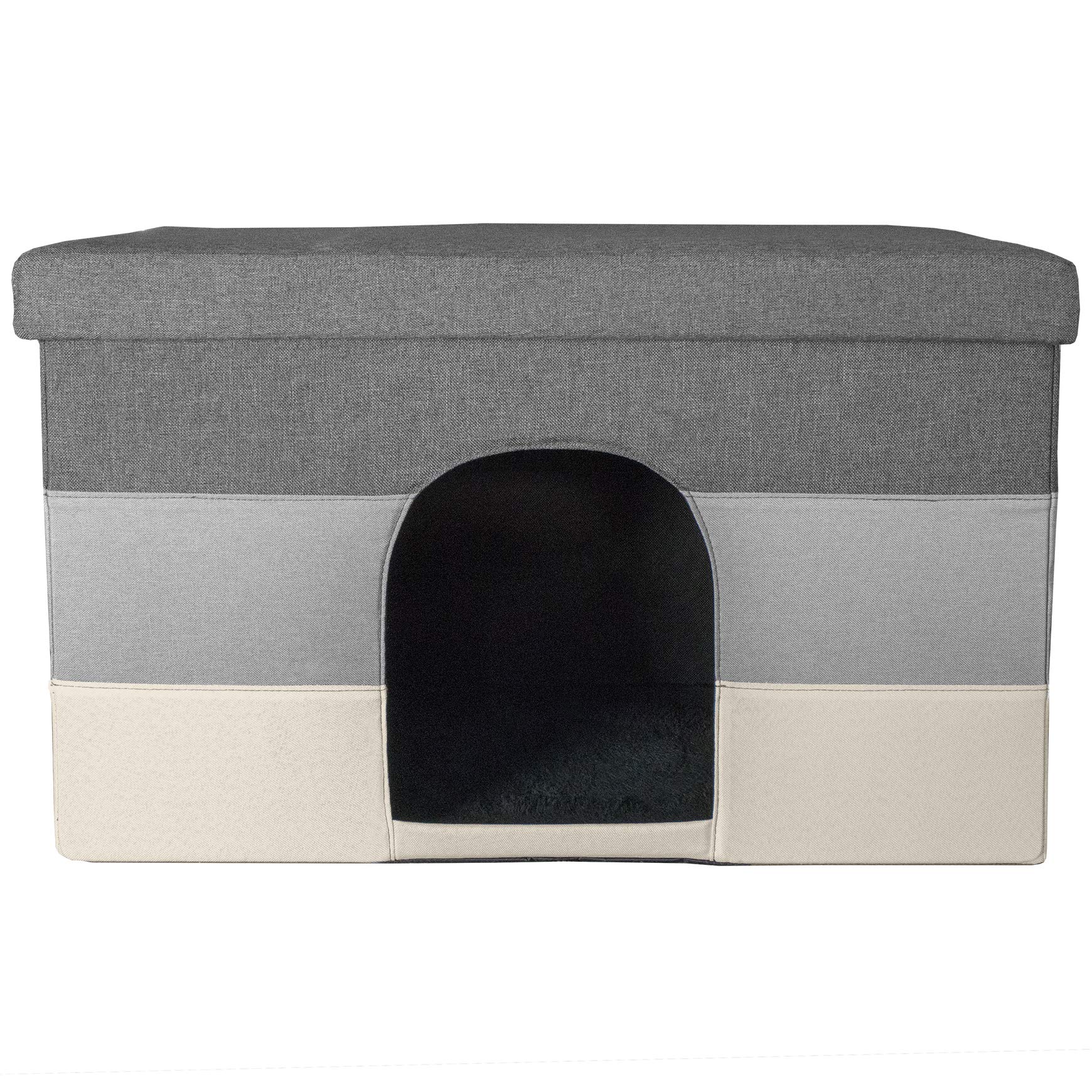 Furhaven Large Pet House Collapsible Ottoman-Footstool Condo Pet Bed - Hygge Stripe (Gray/Cream), Large