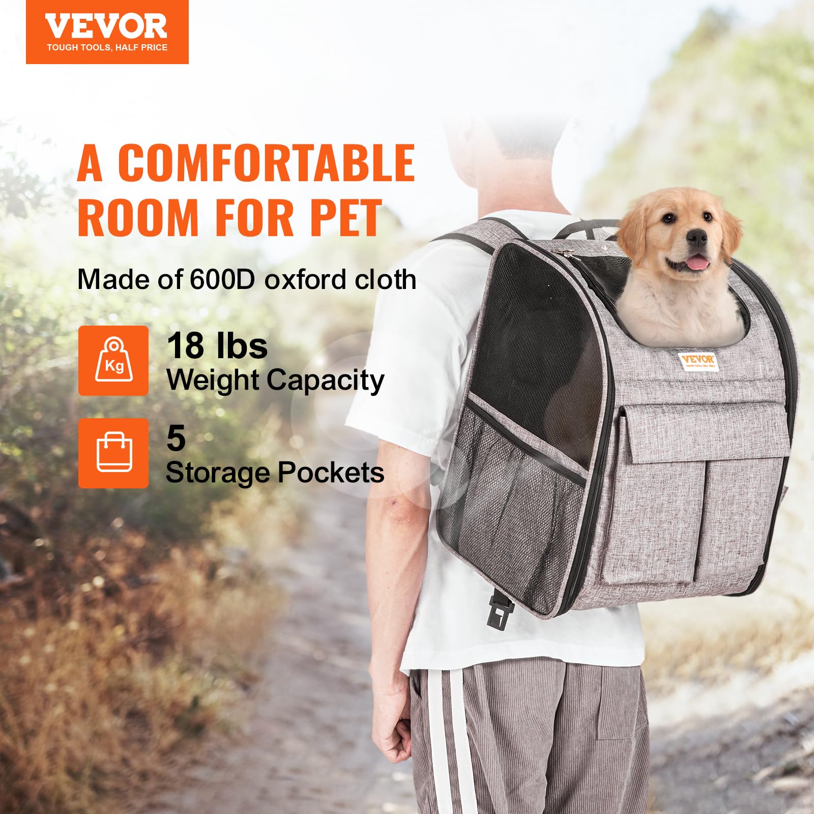 Vevor Dog Backpack Carrier With Wheels, Rolling Cat Carrier Backpacks, Wheeled Pet Carrier Backpack For Small Dogs And Medium Cats Under 18Lbs With Detachable Trolley And Upgraded Wheels, Grey