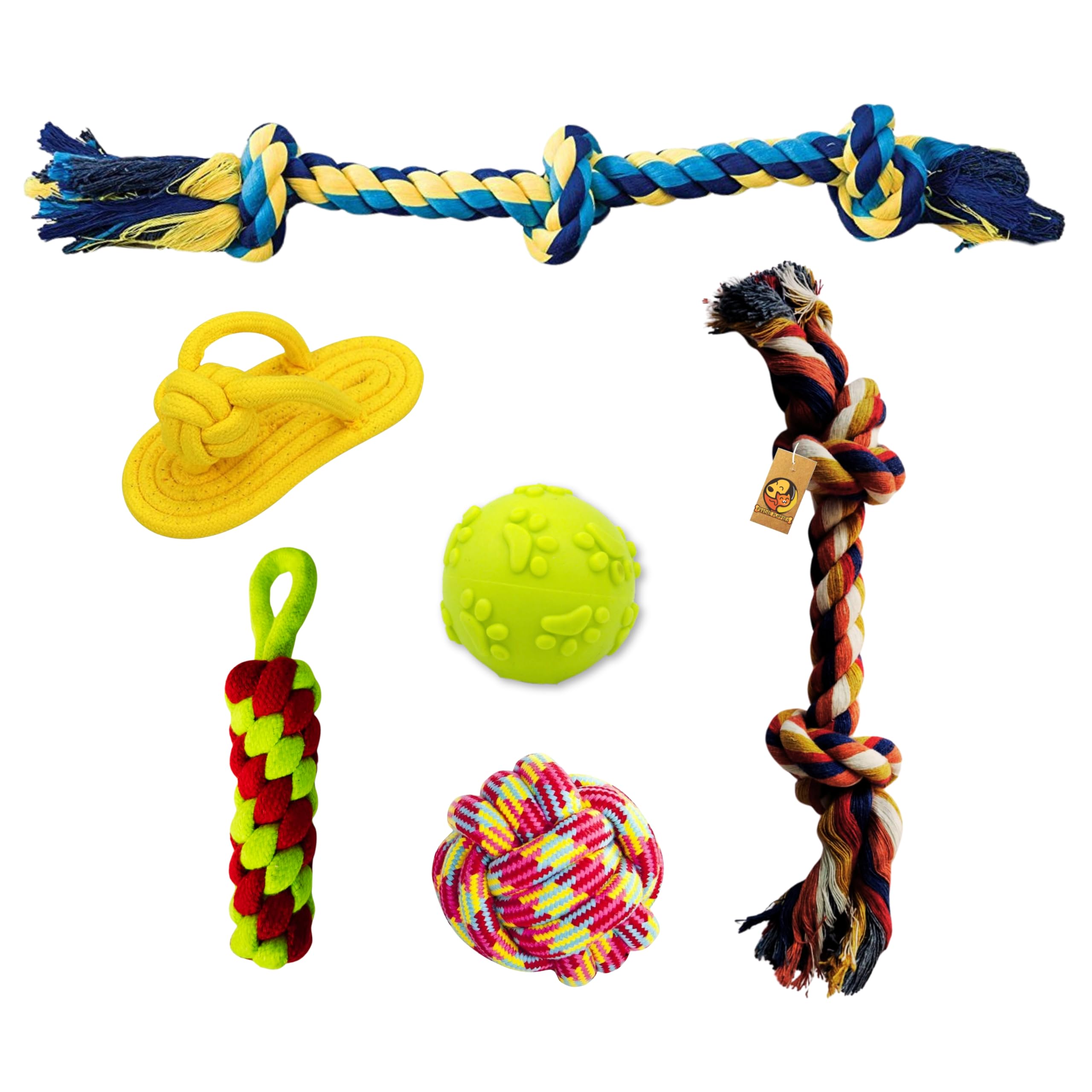 Foodie Puppies 6 In 1 Squeaky And Chew Rope Dog Toy Combo  (2Knot Rope + 3Knot Rope + Cotton Ball + Slipper + Corn Stick + Claw