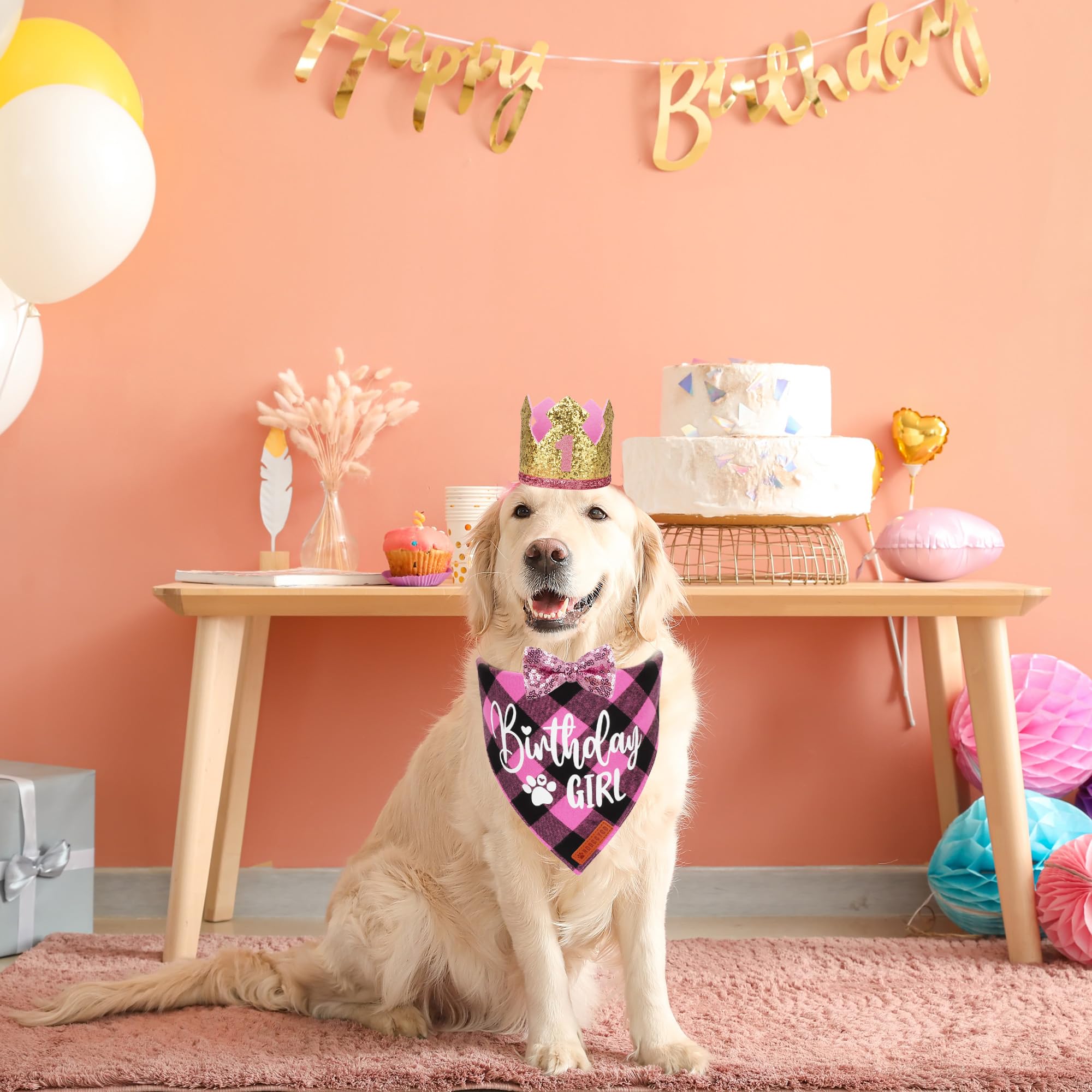 Adoggygo Dog Birthday Party Supplies, Pink Plaid Birthday Girl Dog Bandana, Golden Pet Party Hat With Numbers, Bowtie For Medium