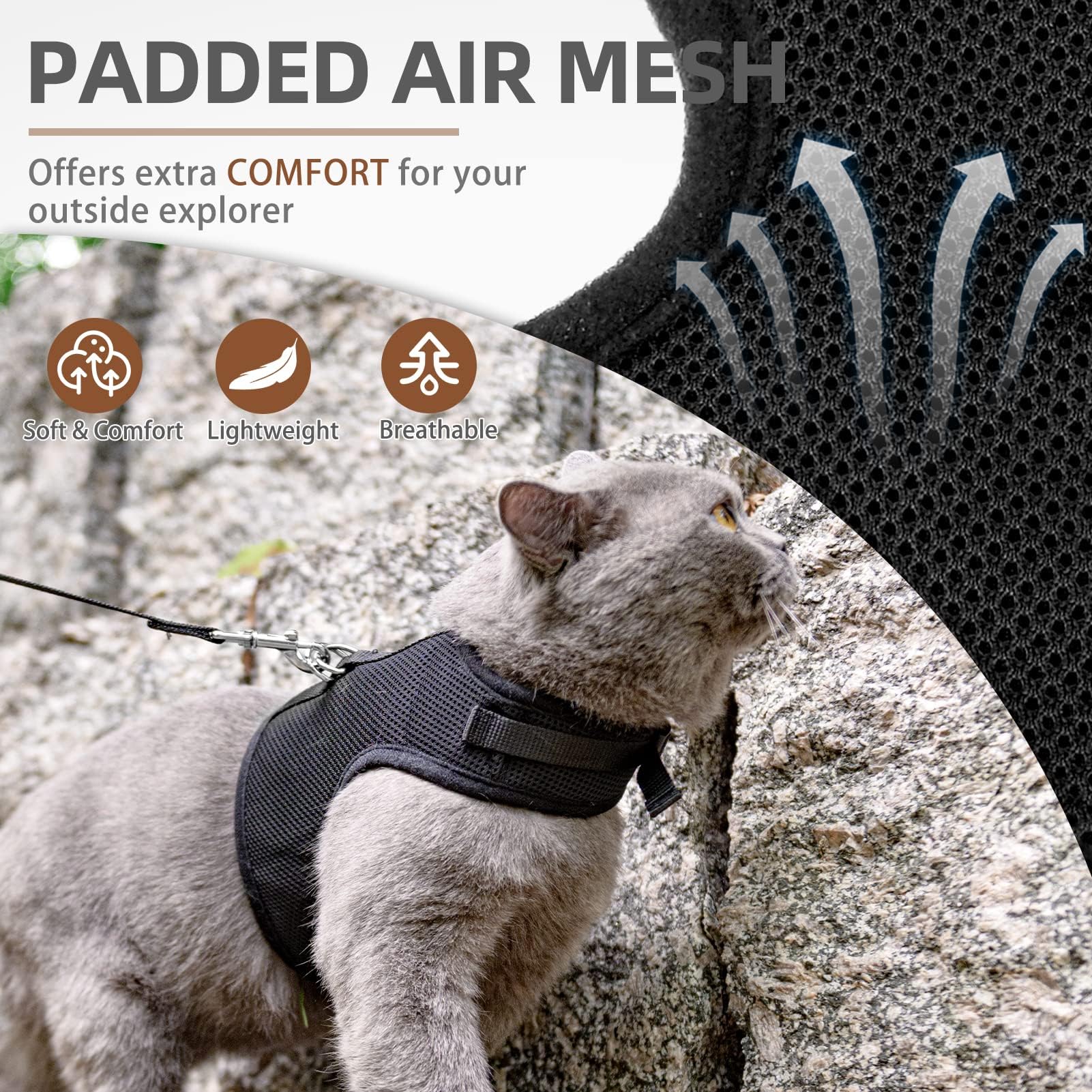 Pupteck Soft Mesh Cat Vest Harness And Leash Set Puppy Padded Pet Harnesses Escape Proof For Cats Small Dogs Rabbits Bunny(Small, Black)