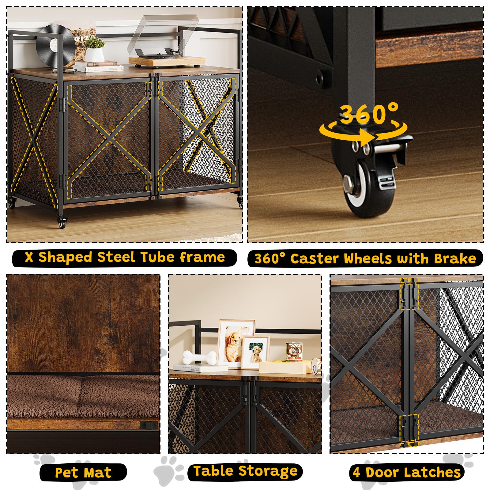 GarveeLife 31 Inch Dog Crate Furniture, Heavy Duty Decorative Dog Cage with Lockable 360 Wheels, Double Door Dog Kennel End Tabl