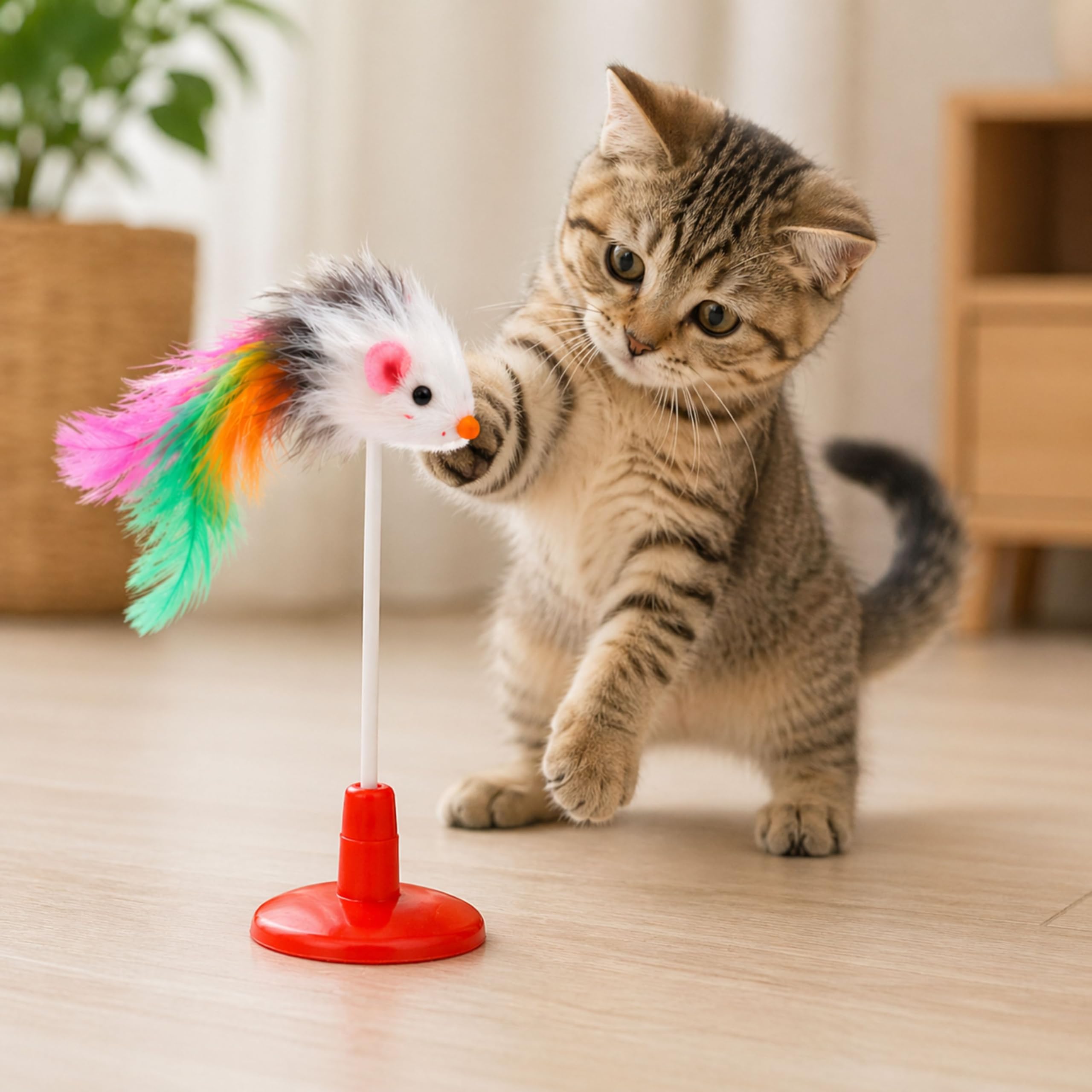 Foodie Puppies Interactive Feather Teaser Cat Toy, Mouse Play Stick, Suction Cup Base, Flexible SelfPlay Wand, Indoor Exercise 