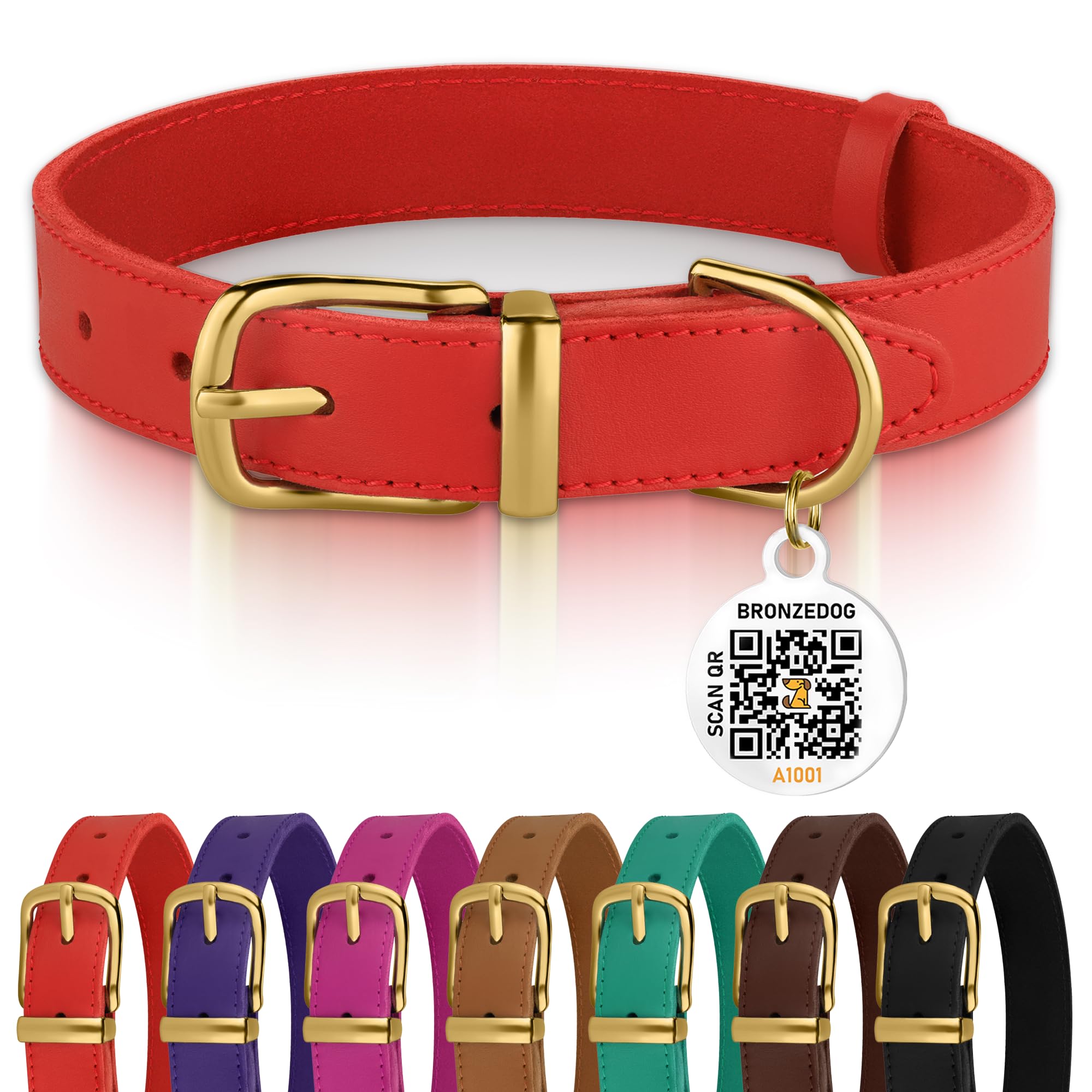 Bronzedog Leather Dog Collar With Metal Buckle Durable Basic Pet Collars For Small Medium Large Dogs (13-16 Inch (Pack Of 1), Re