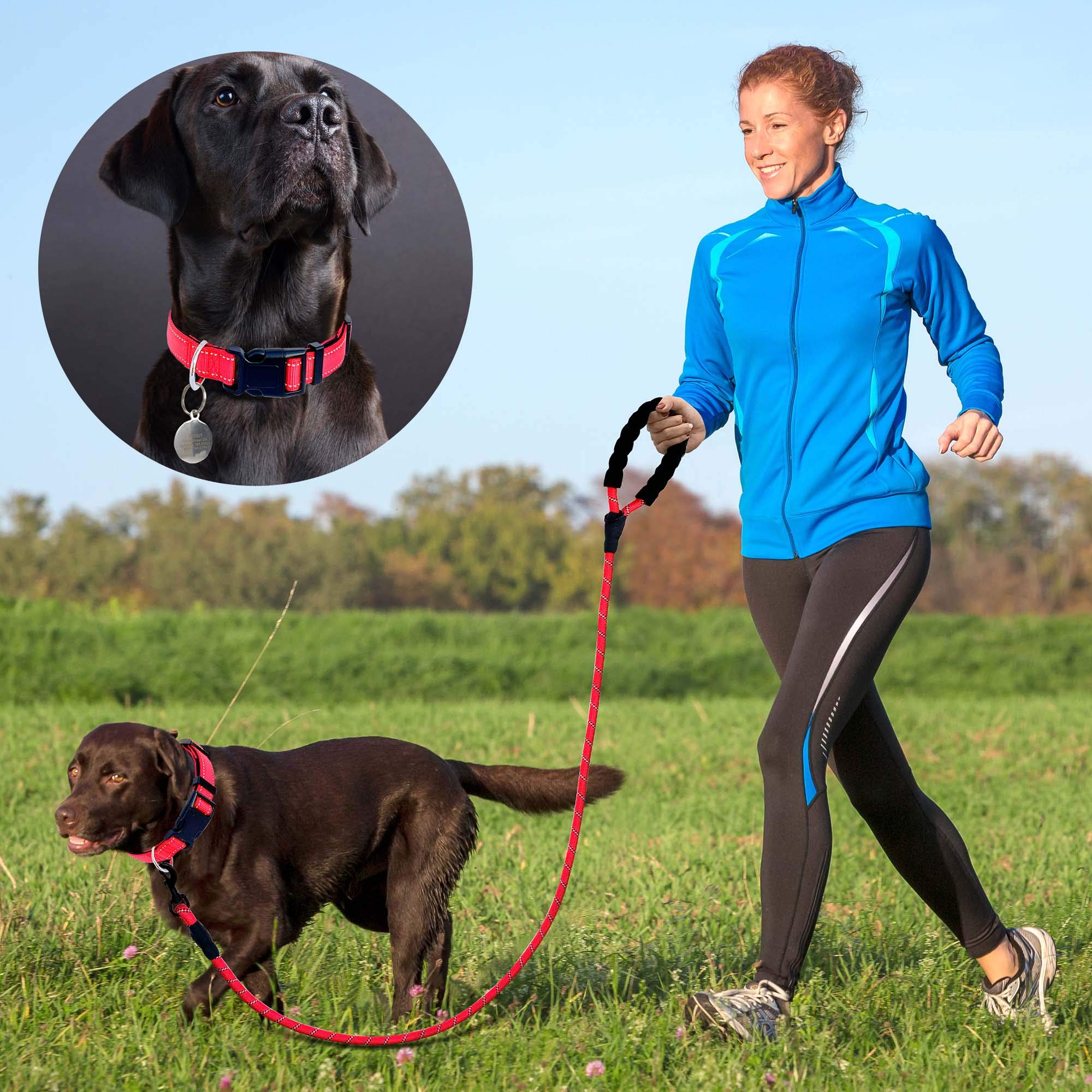 Ladoogo Reflective Dog Collar & Leash Set, Soft Neoprene, Adjustable, Large 19"-23.5", Red