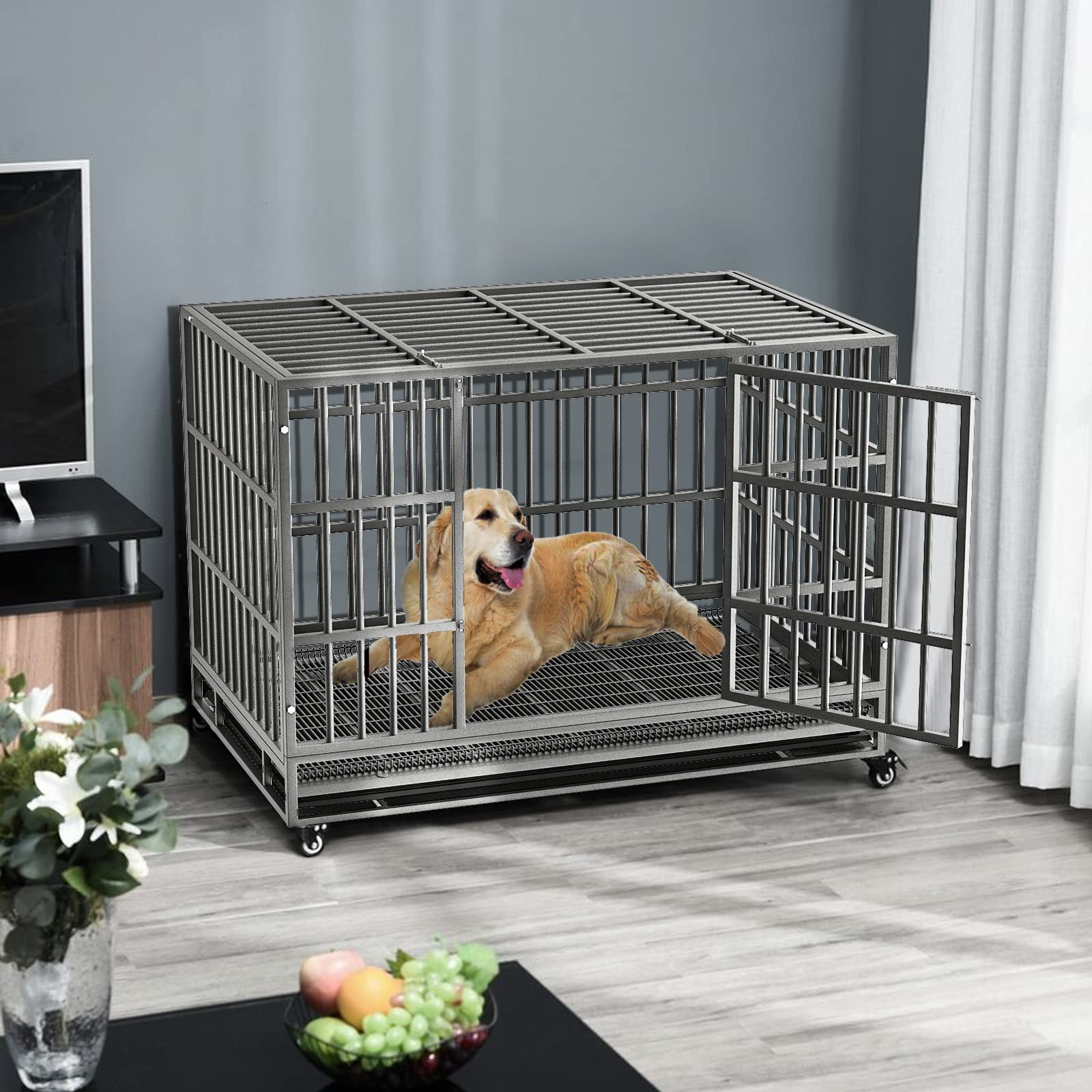 LEMBERI Heavy Duty Indestructible Dog Crate, 48/38 Inch, Escape Proof, Alloy Steel, Silver, Double Door, Lockable Wheels