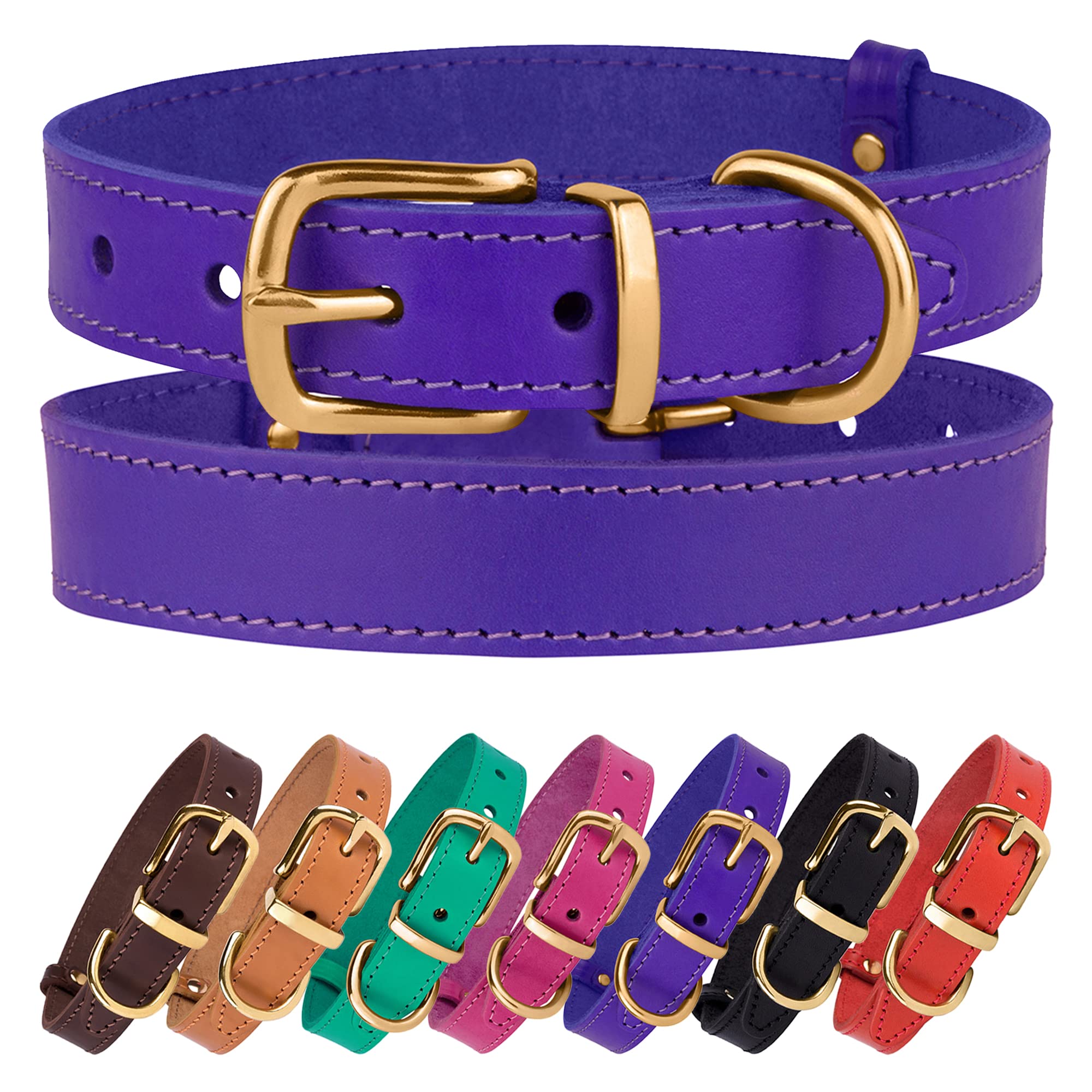 Bronzedog Leather Dog Collar With Metal Buckle Durable Basic Pet Collars For Small Medium Large Dogs (19-21 Inch (Pack Of 1), Purple & Gold Buckle)
